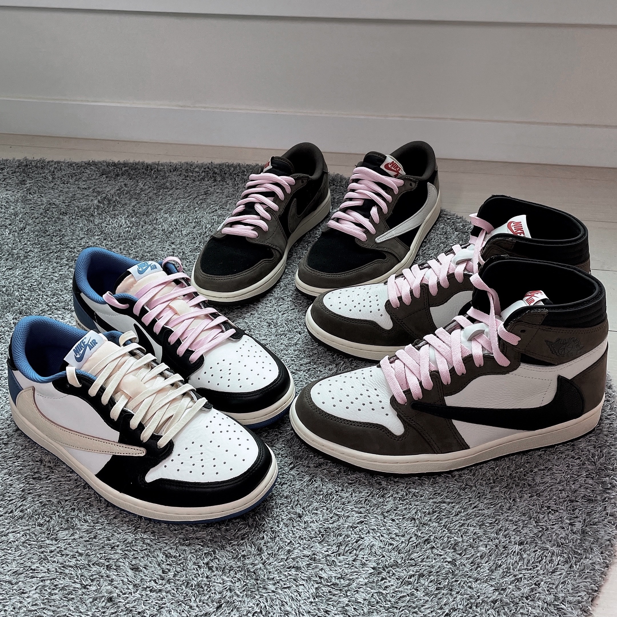 Jordan 1 x Travis Scott x Fragment Retro Low OG SP Military Blue, Jordan 1 x Travis Scott Retro High OG SP Mocha 착용 스타일