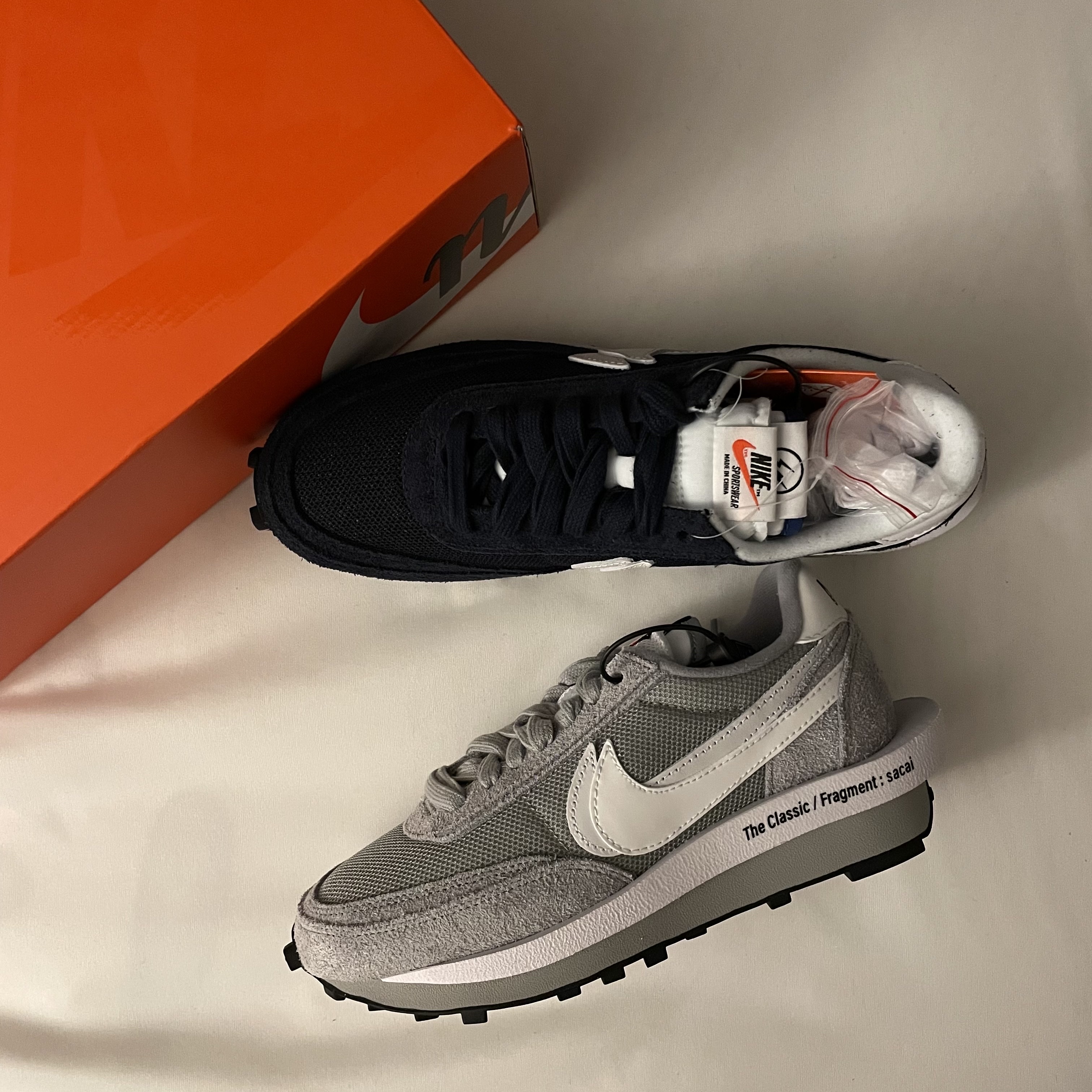 Nike x Sacai x Fragment LDWaffle Light Smoke Grey, Nike x Sacai x Fragment LDWaffle Blackened Blue 착용 스타일