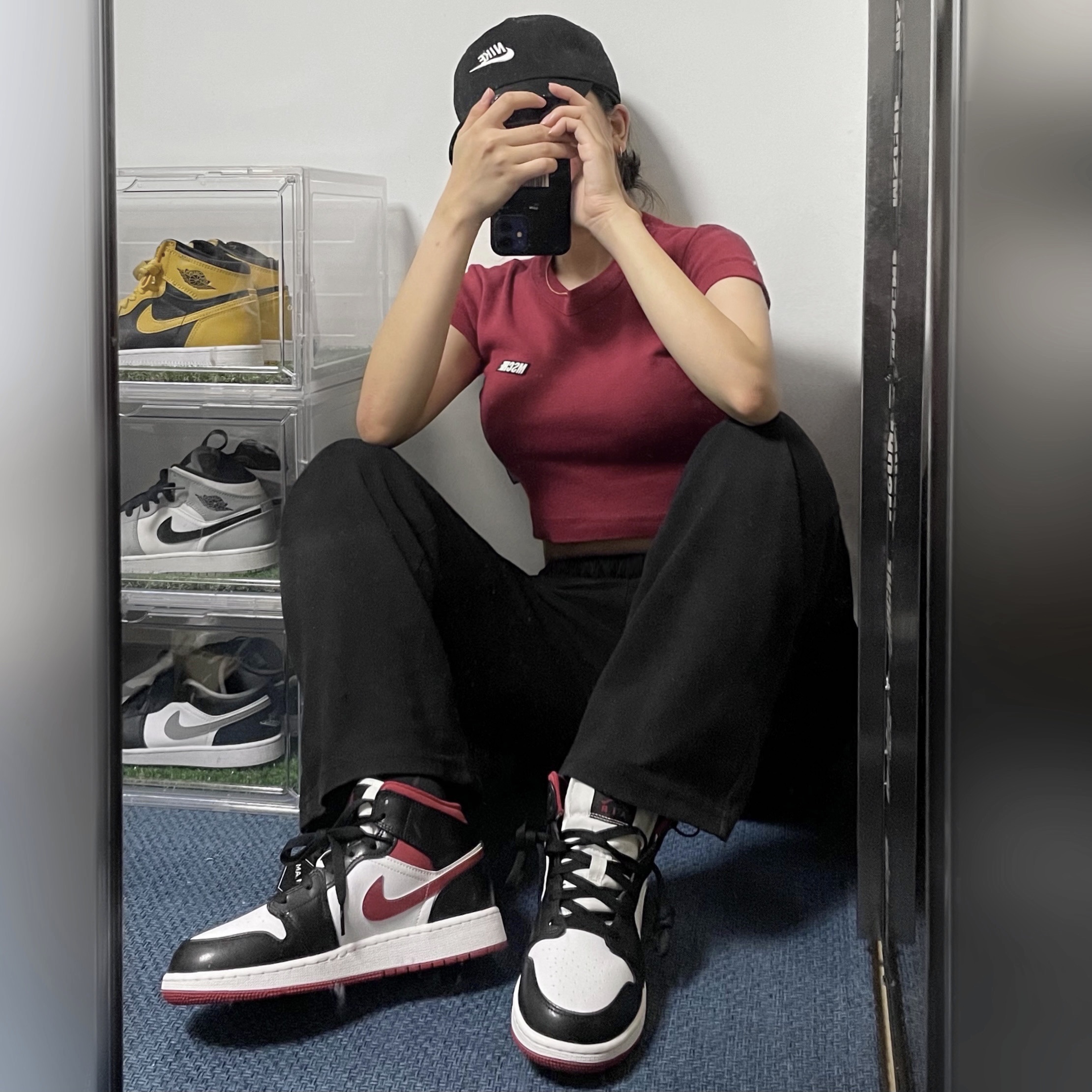 (GS) Jordan 1 Mid Gym Red Black White 착용 스타일