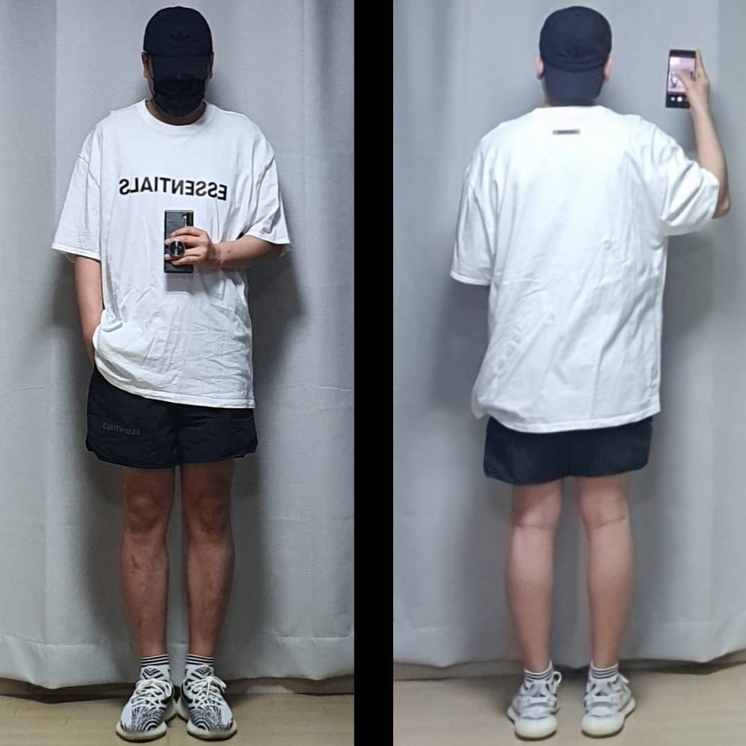 Essentials 3D Silicon Applique Boxy T-Shirt White - 20SS, Essentials Volley Shorts Black - 20FW 착용 스타일 - 1