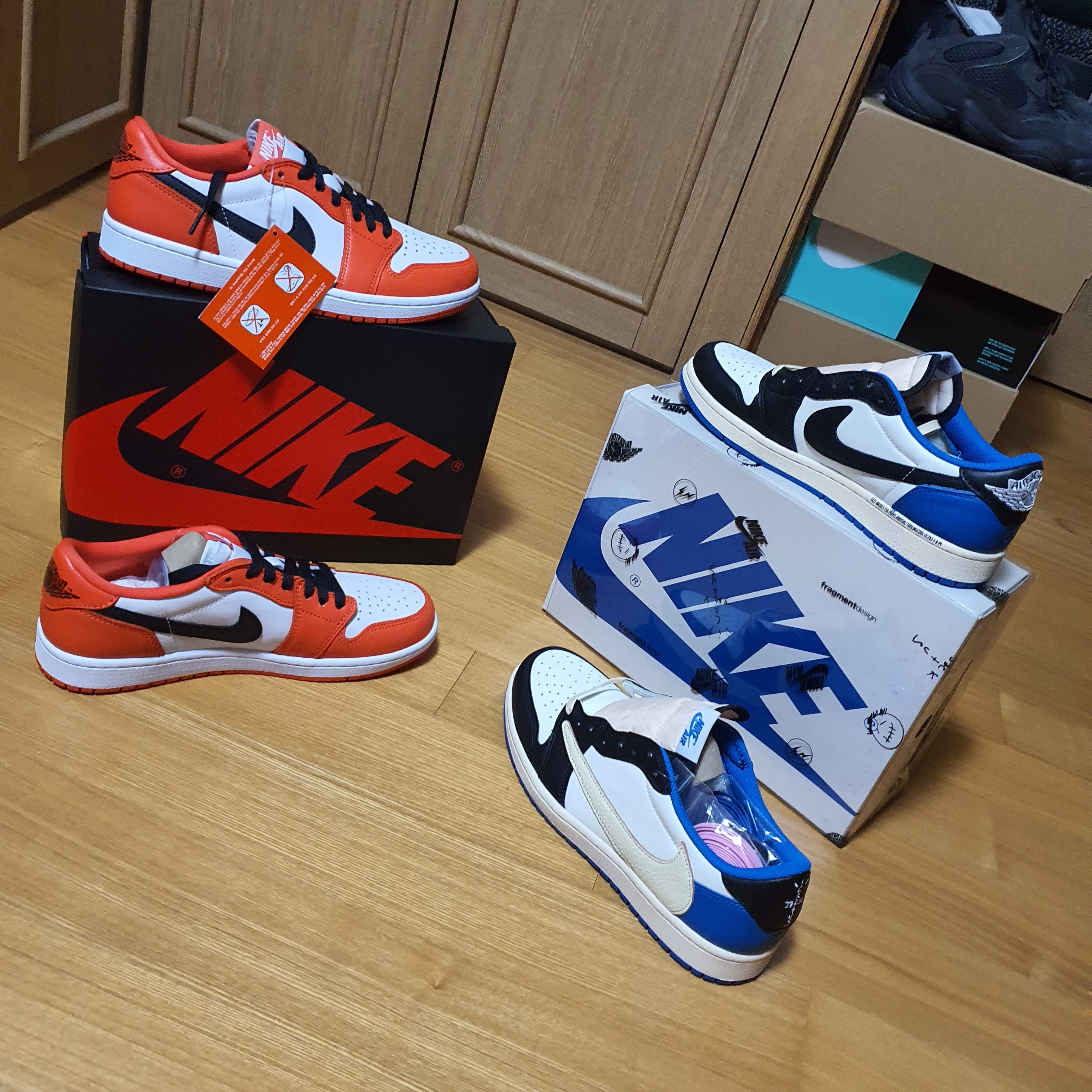 Jordan 1 Low OG Starfish, Jordan 1 x Travis Scott x Fragment Retro Low OG SP Military Blue 착용 스타일 - 5