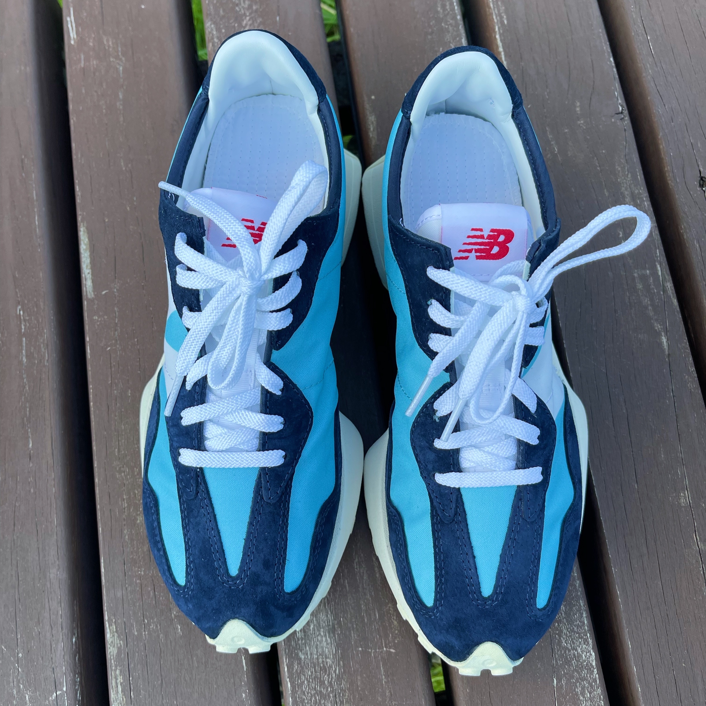 (W) New Balance 327 Wax Blue 착용 스타일 - 4