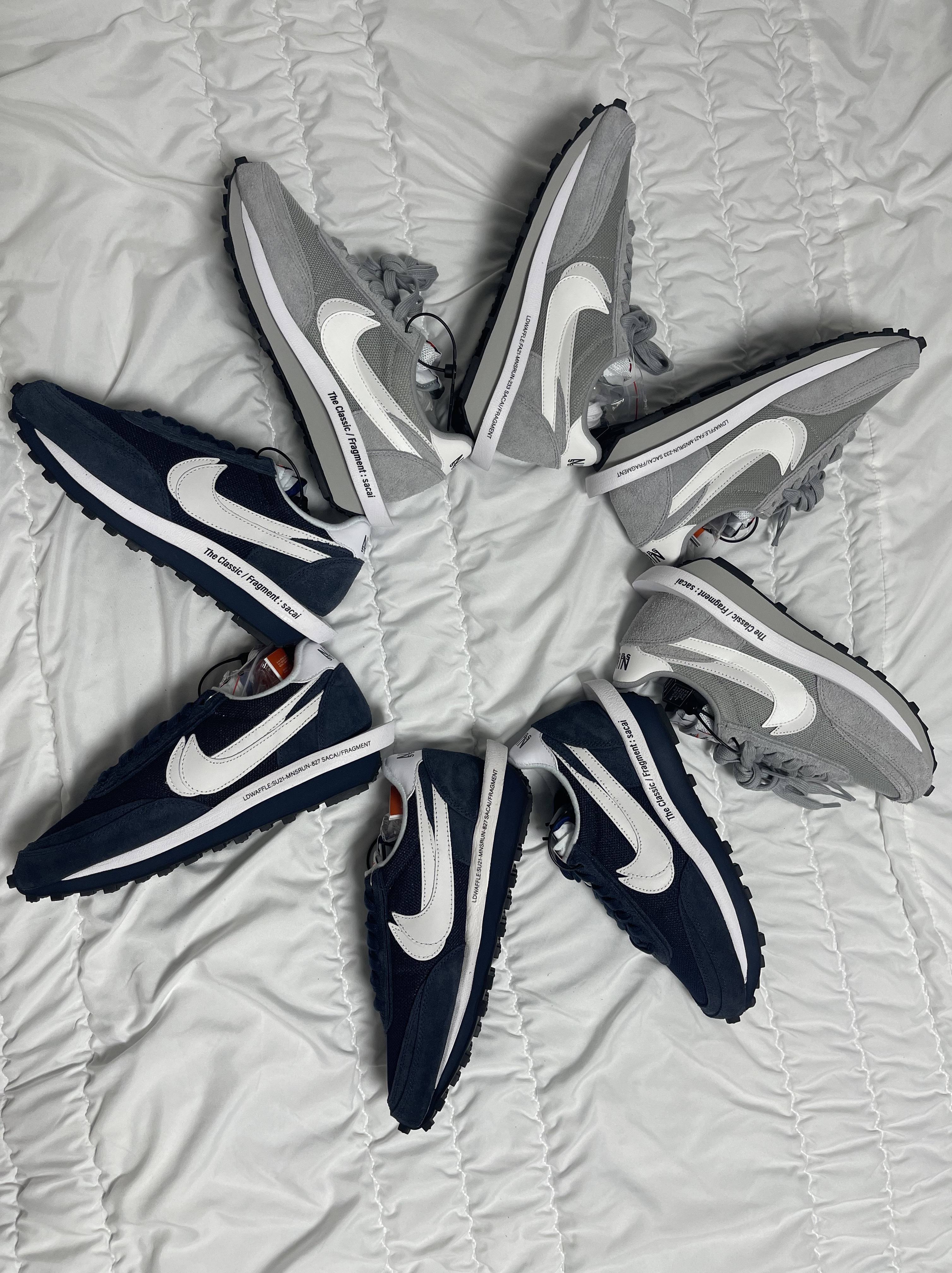 Nike x Sacai x Fragment LDWaffle Light Smoke Grey, Nike x Sacai x Fragment LDWaffle Blackened Blue 착용 스타일