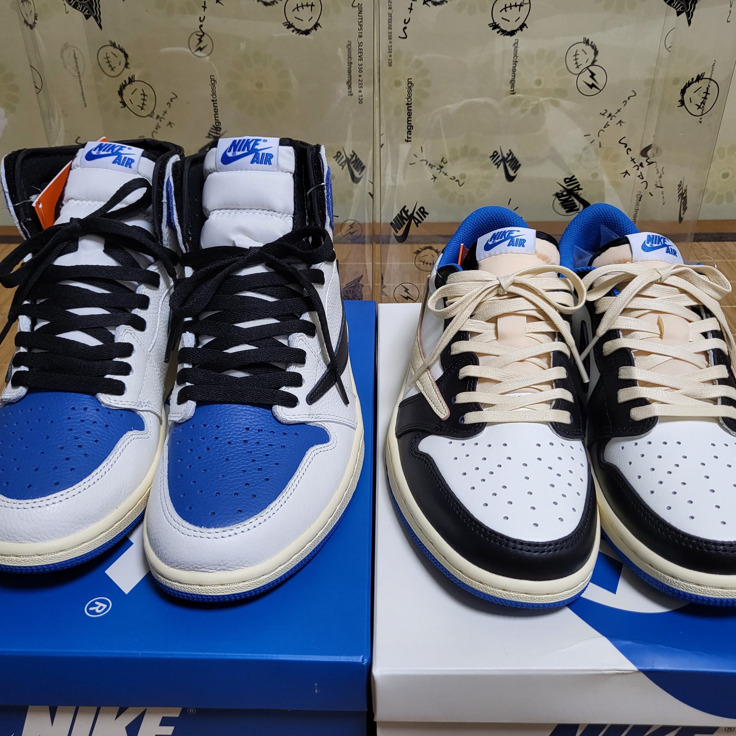 Jordan 1 x Travis Scott x Fragment Retro High OG SP Military Blue, Jordan 1 x Travis Scott x Fragment Retro Low OG SP Military Blue 착용 스타일