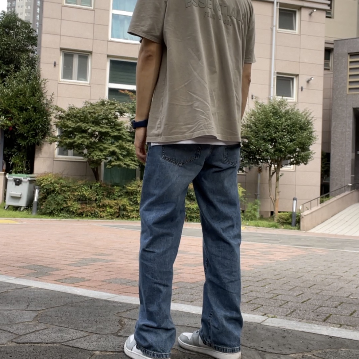 Jordan 1 Mid Light Smoke Grey, Essentials T-Shirt Moss - 21SS 착용 스타일 - 2