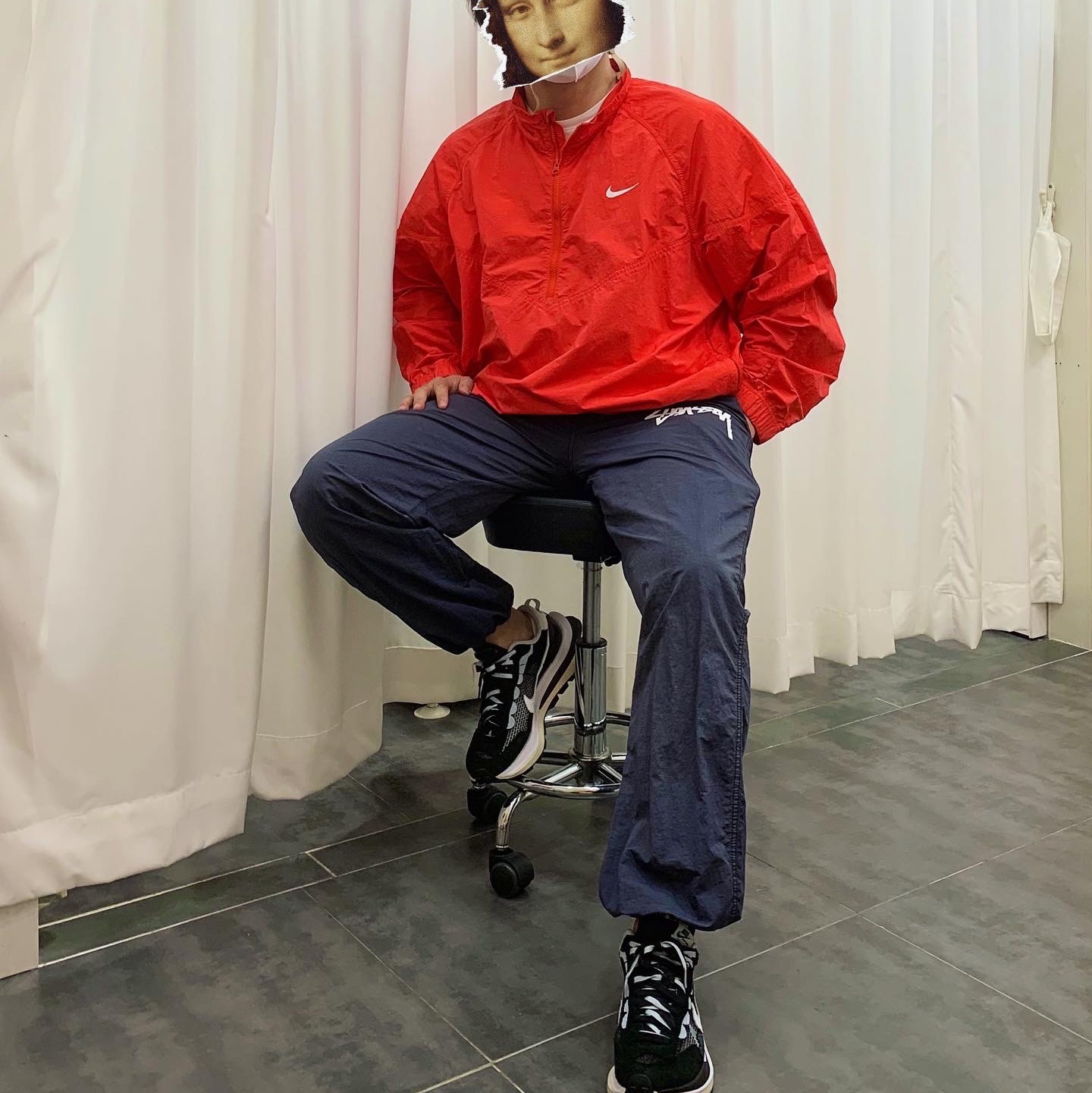 Nike x Stussy Windrunner Jacket Habanero Red, Nike x Stussy Beach Pants Off Noir 착용 스타일 - 3