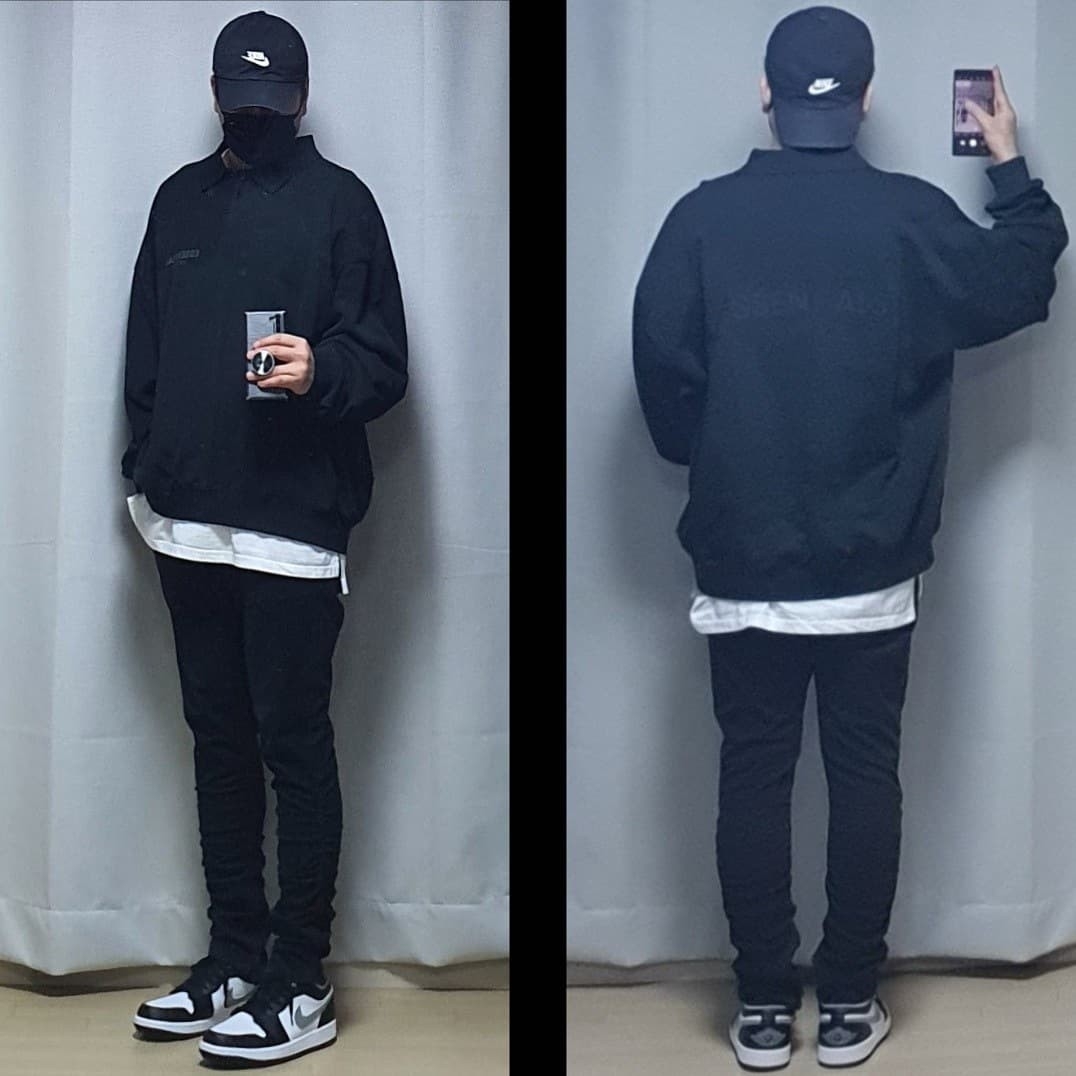 Essentials Long Sleeve Boxy Polo Black - 20FW, Jordan 1 Low Black Particle Grey 착용 스타일 - 1