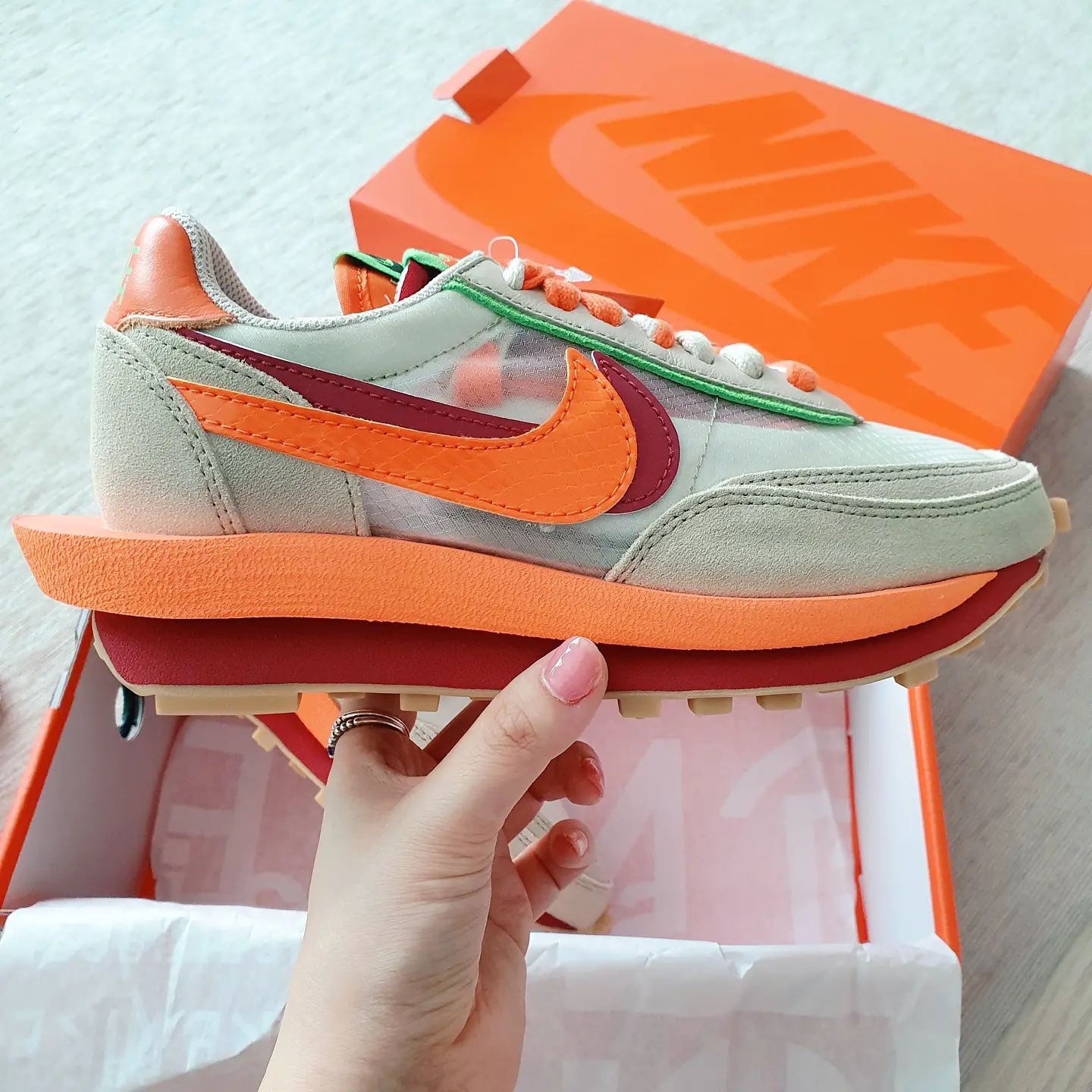 Nike x Sacai x Clot LDWaffle Orange Blaze 착용 스타일 - 2
