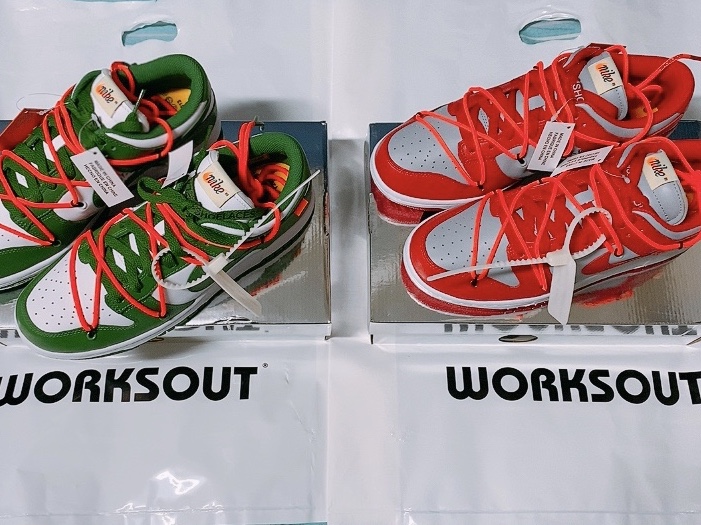 Nike x Off-White Dunk Low Pine Green, Nike x Off-White Dunk Low University Red 착용 스타일 - 1