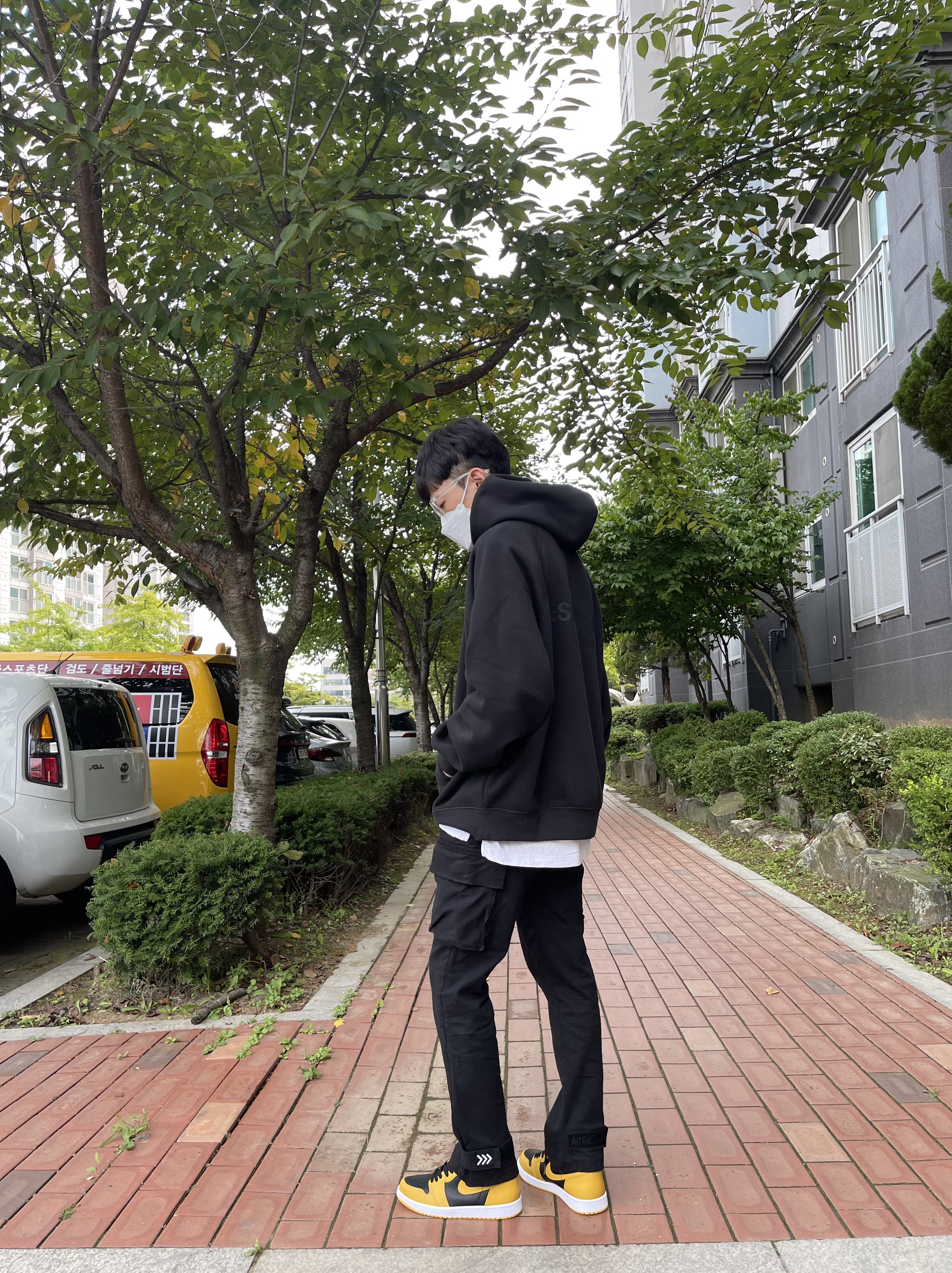 Jordan 1 Retro High OG Pollen, Essentials Pull-Over Hoodie Black - 21SS 착용 스타일