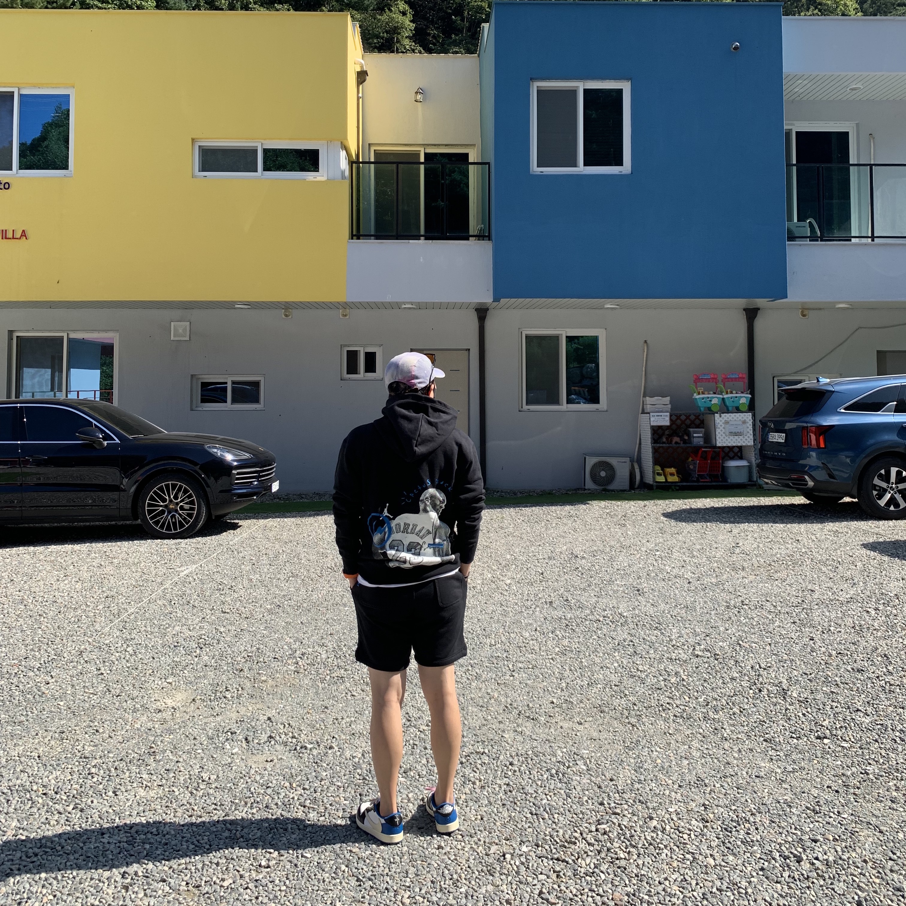 Jordan 1 x Travis Scott x Fragment Retro Low OG SP Military Blue, Jordan x Travis Scott x Fragment Hoodie Black (DJ0615-010) 착용 스타일 - 2