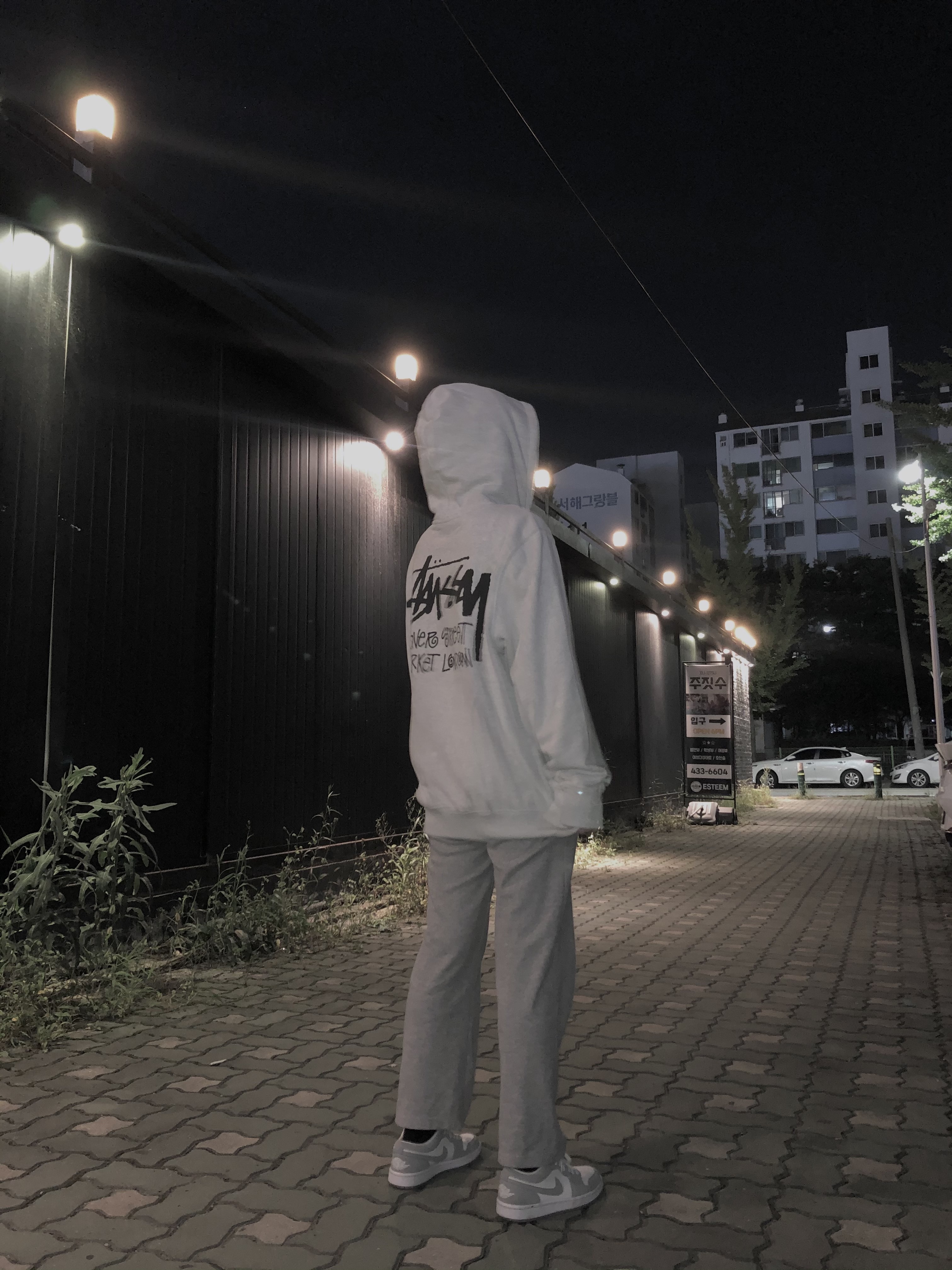 Stussy Stock DSM London Hoodie Ash Heather 2021, (W) Jordan 1 Low White Wolf Grey 착용 스타일 - 1