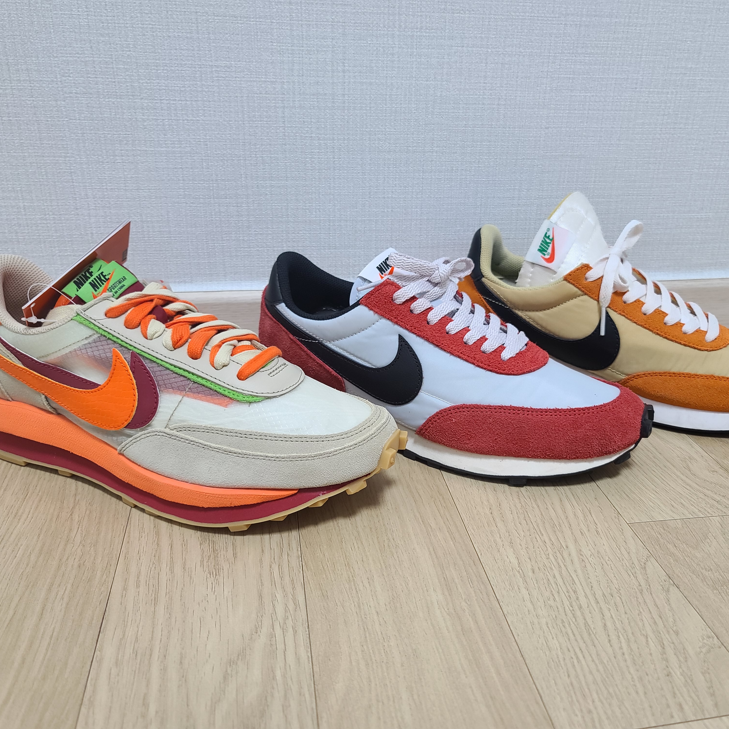 Nike x Sacai x Clot LDWaffle Orange Blaze, Nike Daybreak Pure Platinum 착용 스타일