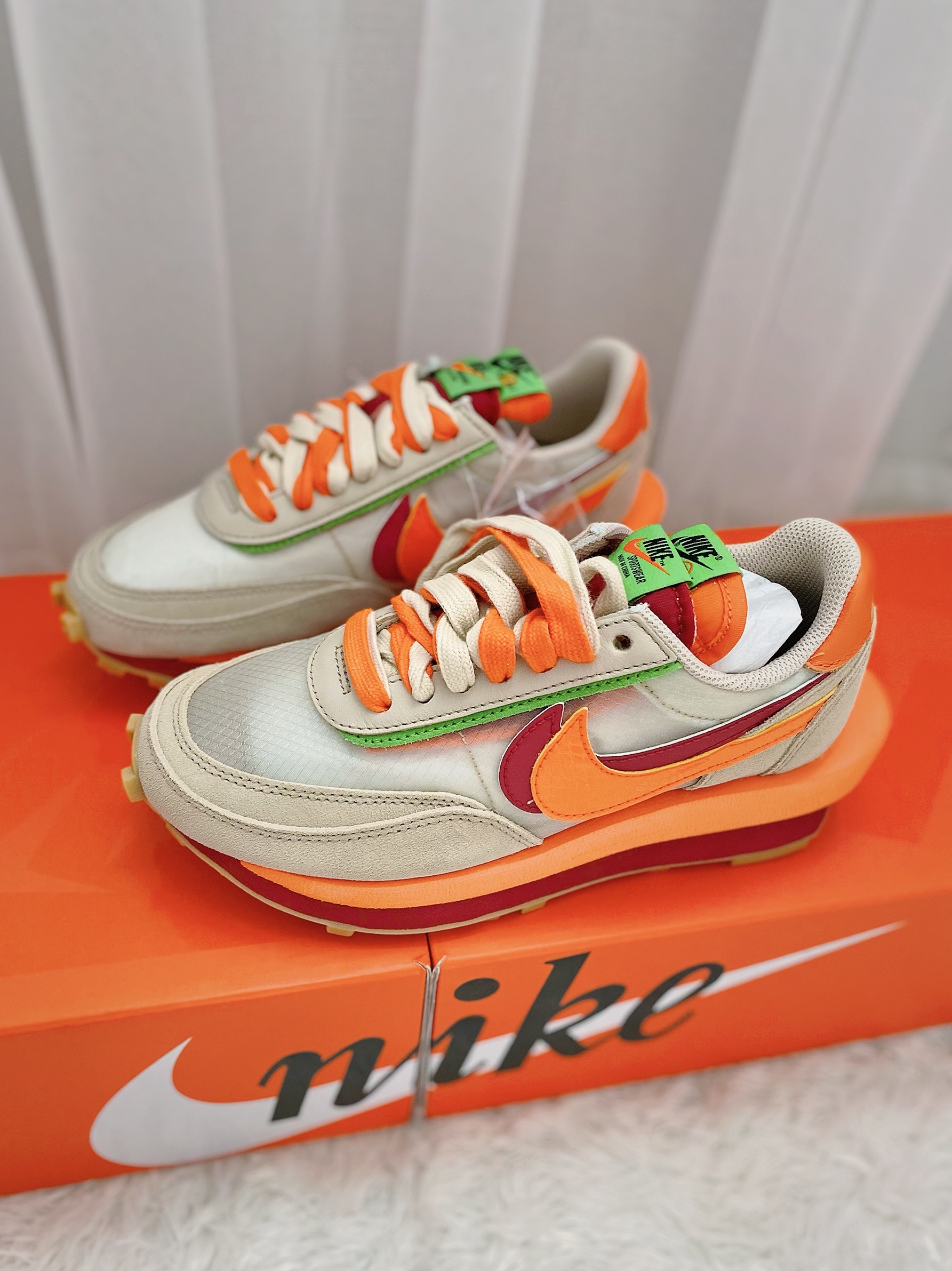 Nike x Sacai x Clot LDWaffle Orange Blaze, Nike x Sacai VaporWaffle Tour Yellow & Gorge Green Sail 착용 스타일 - 5