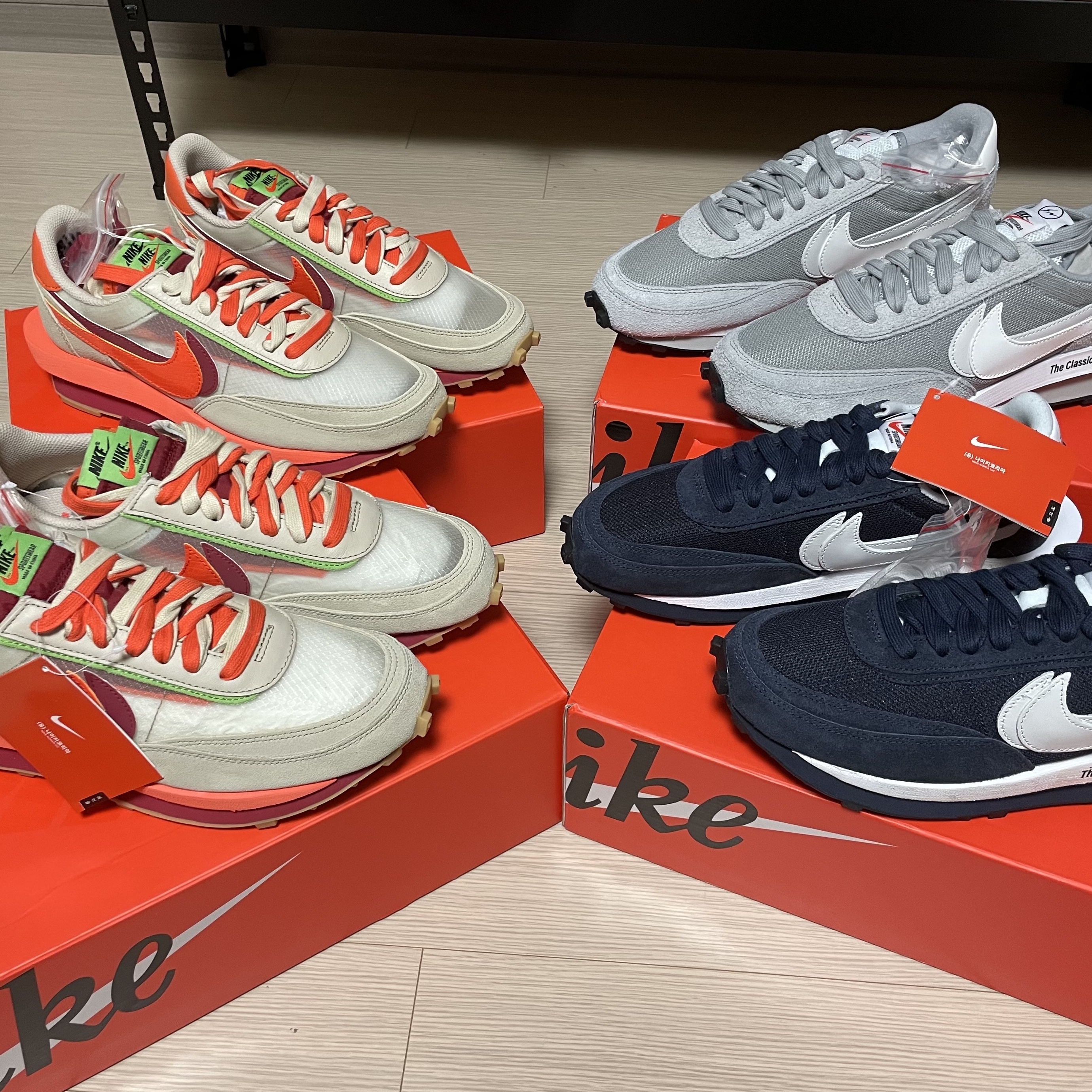 Nike x Sacai x Clot LDWaffle Orange Blaze, Nike x Sacai x Fragment LDWaffle Light Smoke Grey 착용 스타일