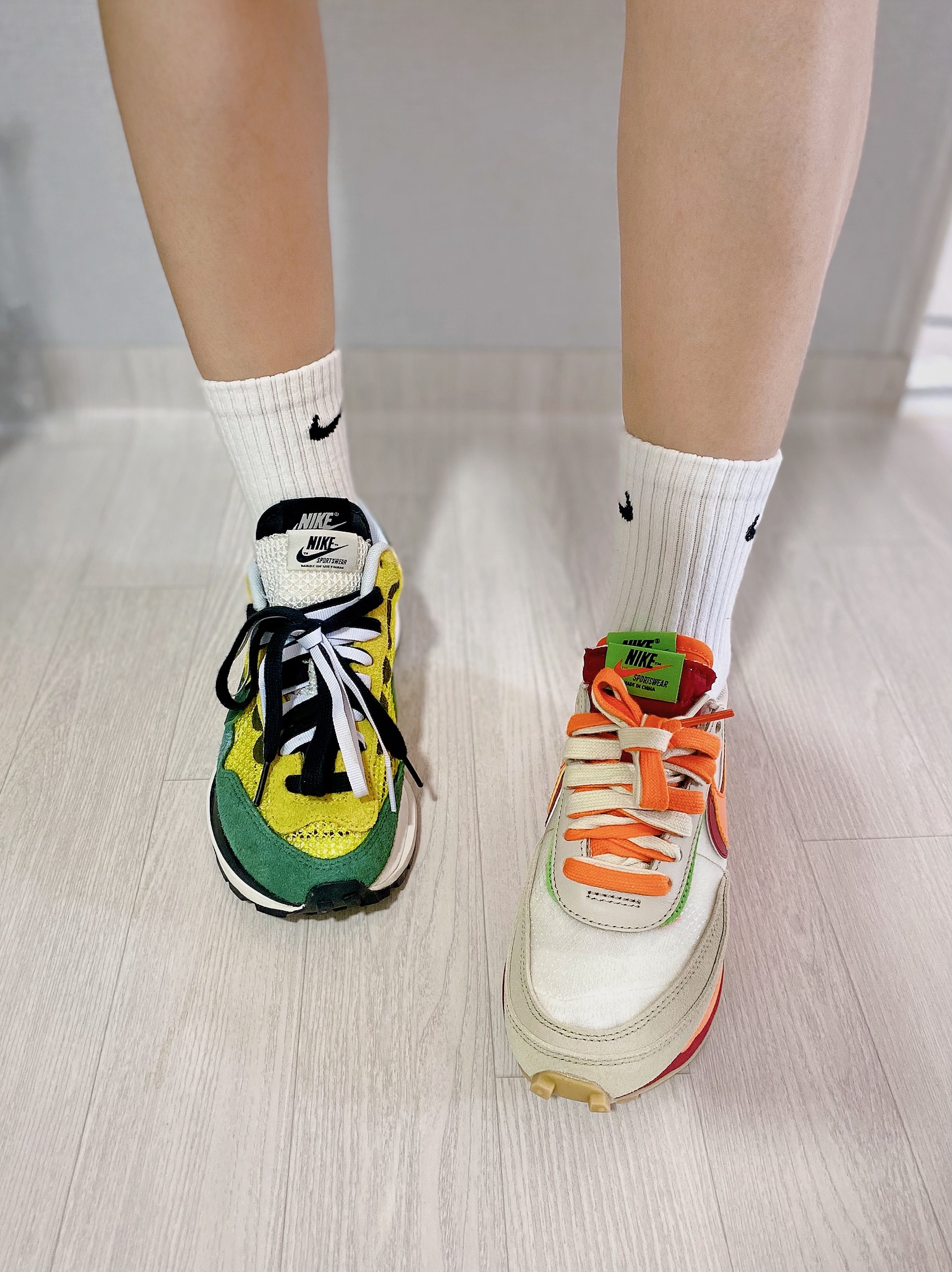 Nike x Sacai x Clot LDWaffle Orange Blaze, Nike x Sacai VaporWaffle Tour Yellow & Gorge Green Sail 착용 스타일 - 2