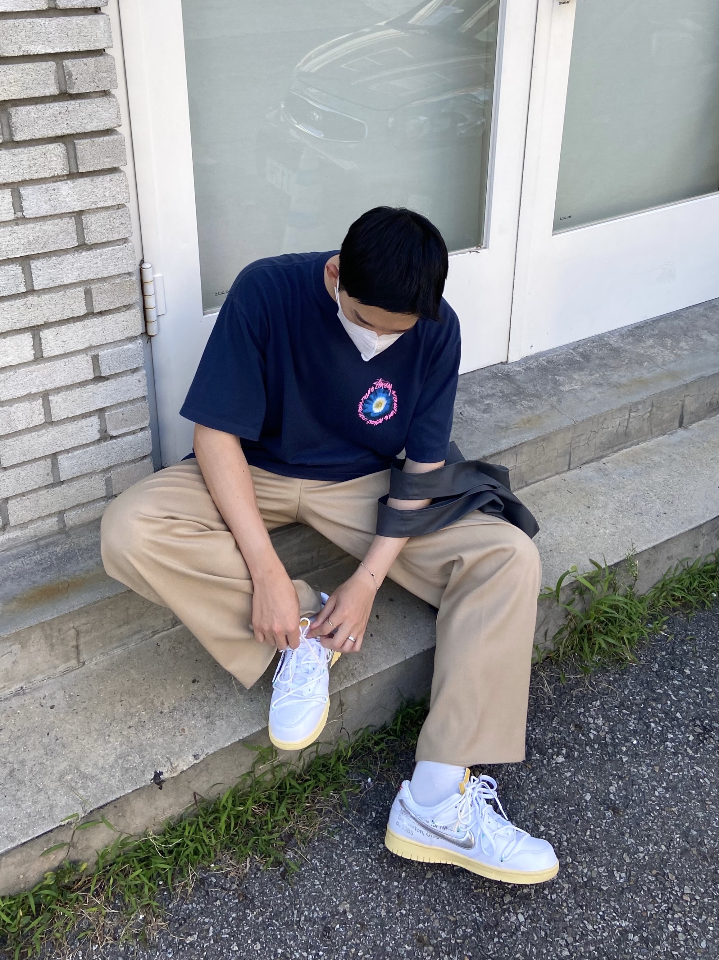 Nike x Off-White Dunk Low The 50 - Lot 1, Stussy Cosmos T-Shirt Navy 착용 스타일