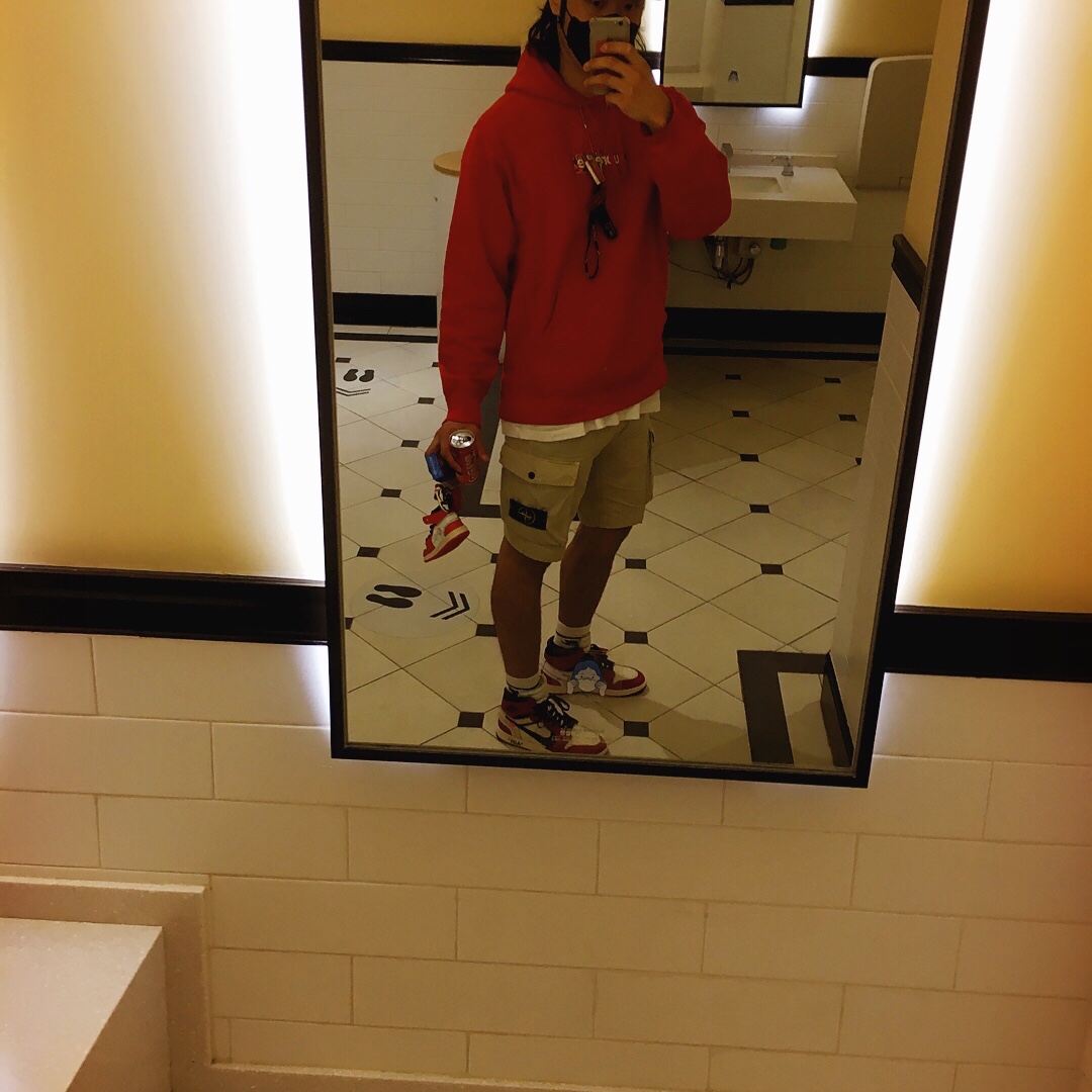Jordan 1 x Off-White Retro High Chicago The Ten, Supreme Bandana Box Logo Hooded Sweatshirt Red - 19FW 착용 스타일 - 5