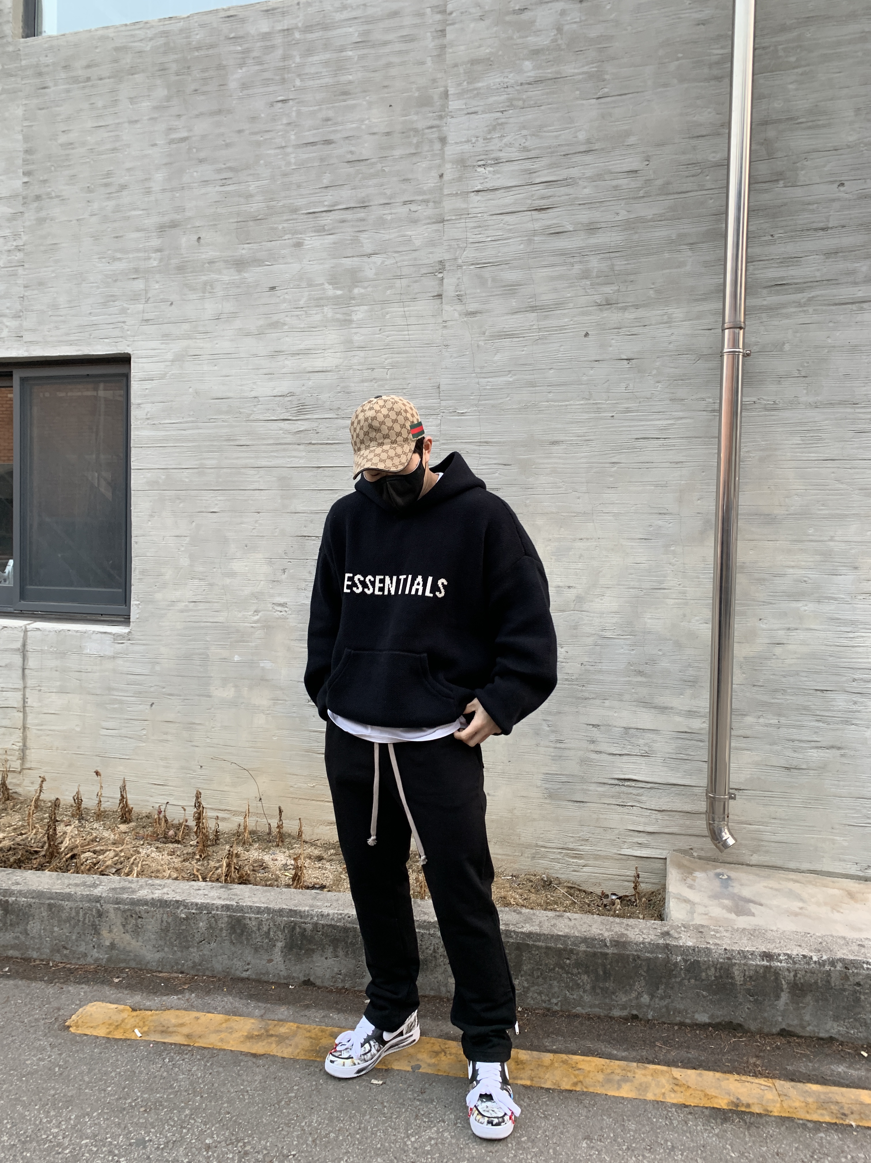 Nike x Peaceminusone Air Force 1 Low Para-Noise, Essentials Knit Pullover Hoodie Black - 21SS 착용 스타일