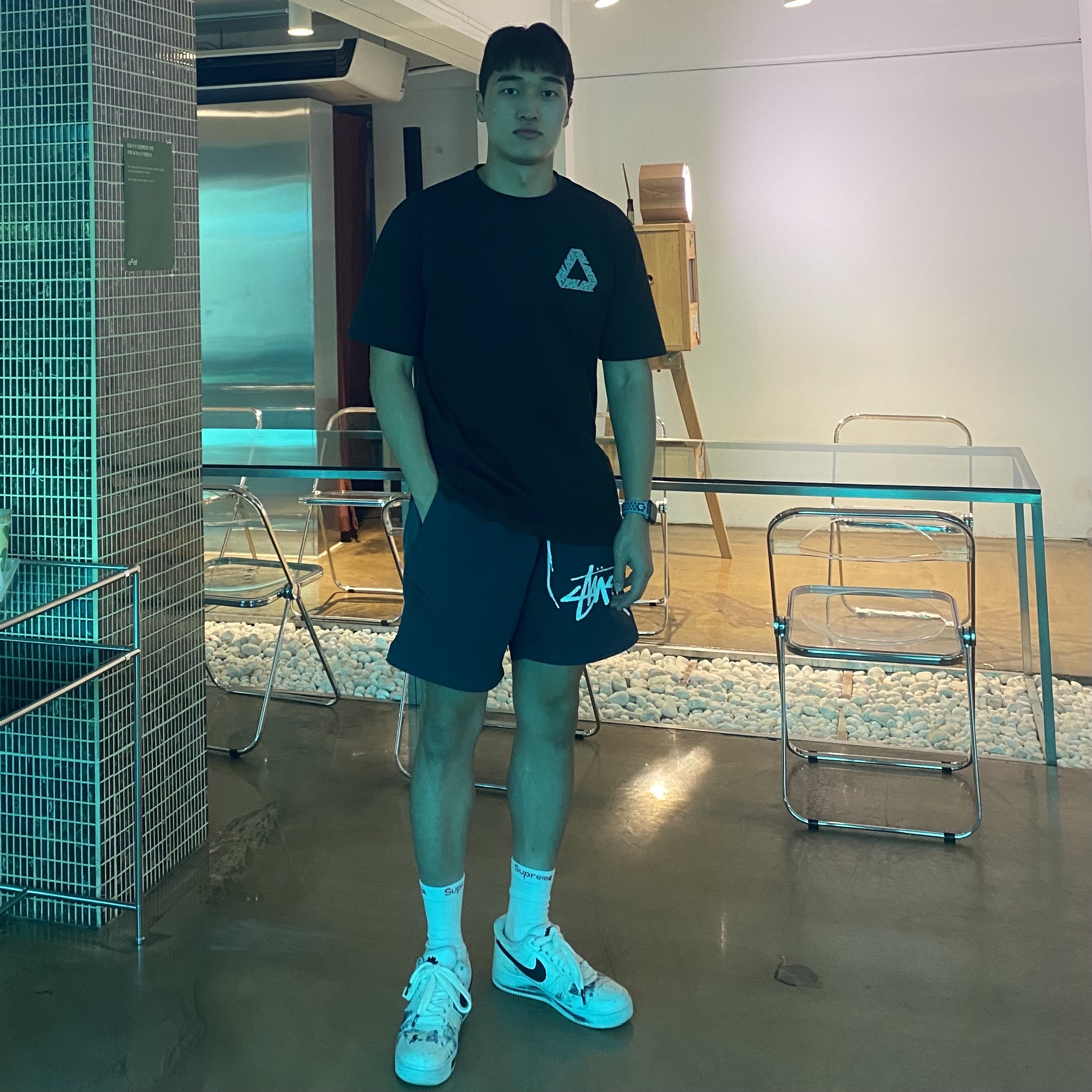Palace P3 Team T-Shirt Black - 20FW, Nike x Stussy Water Shorts Off Noir 착용 스타일