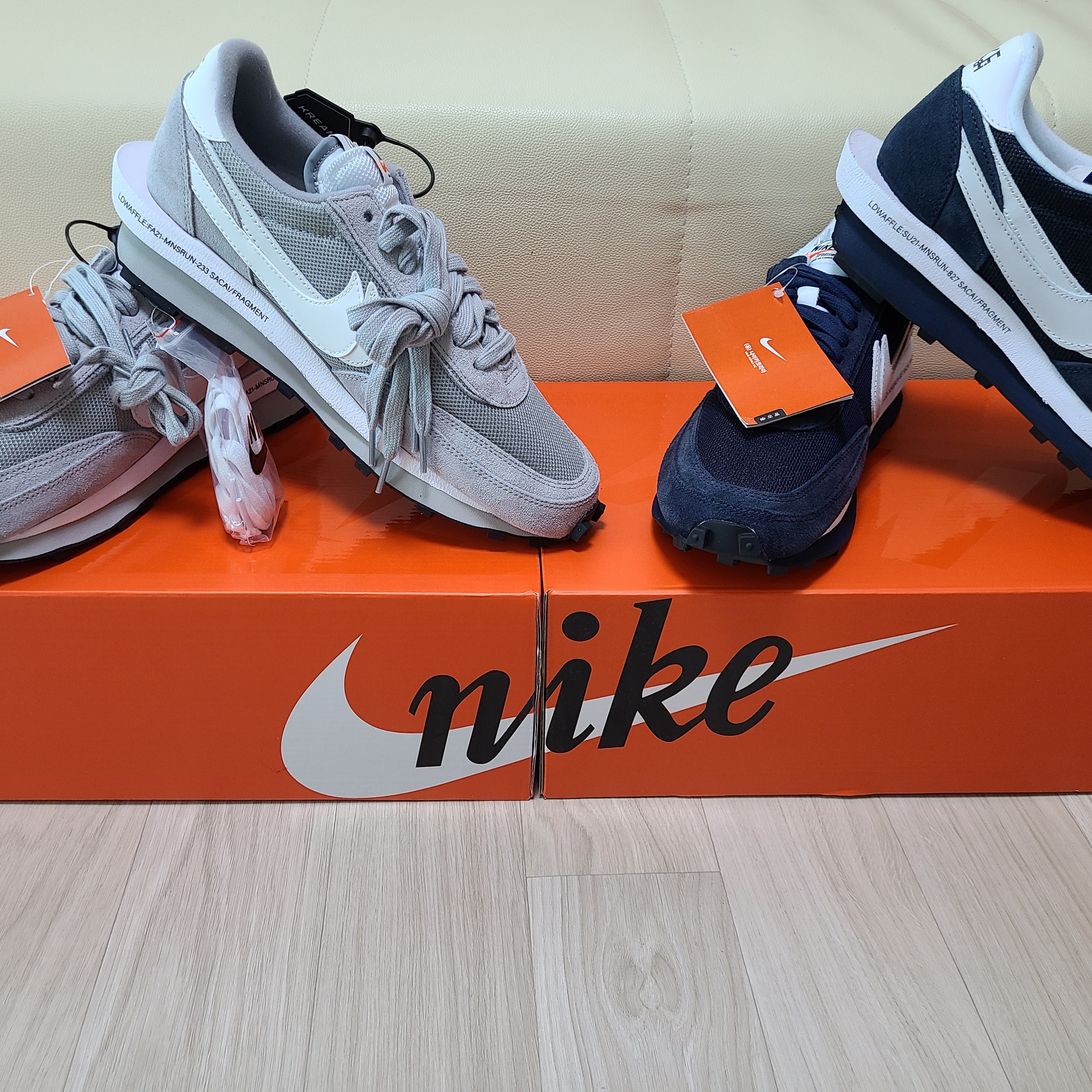Nike x Sacai x Fragment LDWaffle Light Smoke Grey, Nike x Sacai x Fragment LDWaffle Blackened Blue 착용 스타일