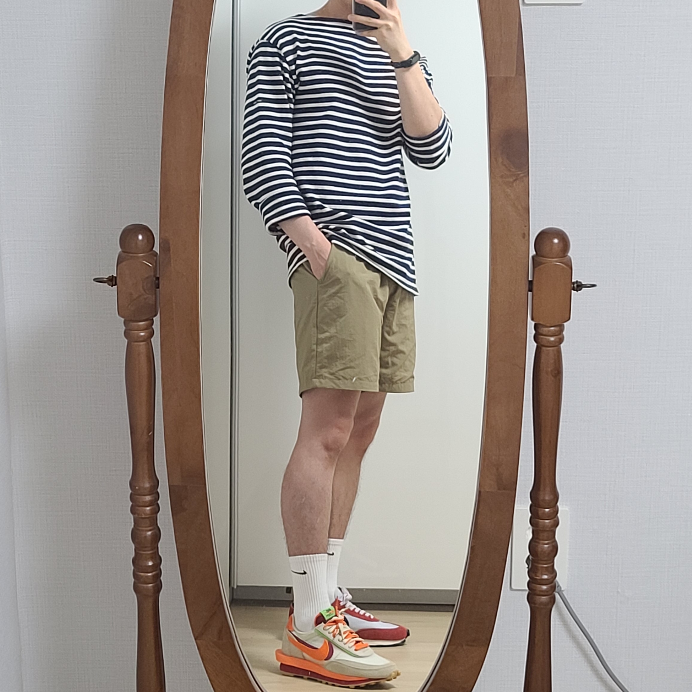Nike x Sacai x Clot LDWaffle Orange Blaze, Nike Daybreak Pure Platinum 착용 스타일