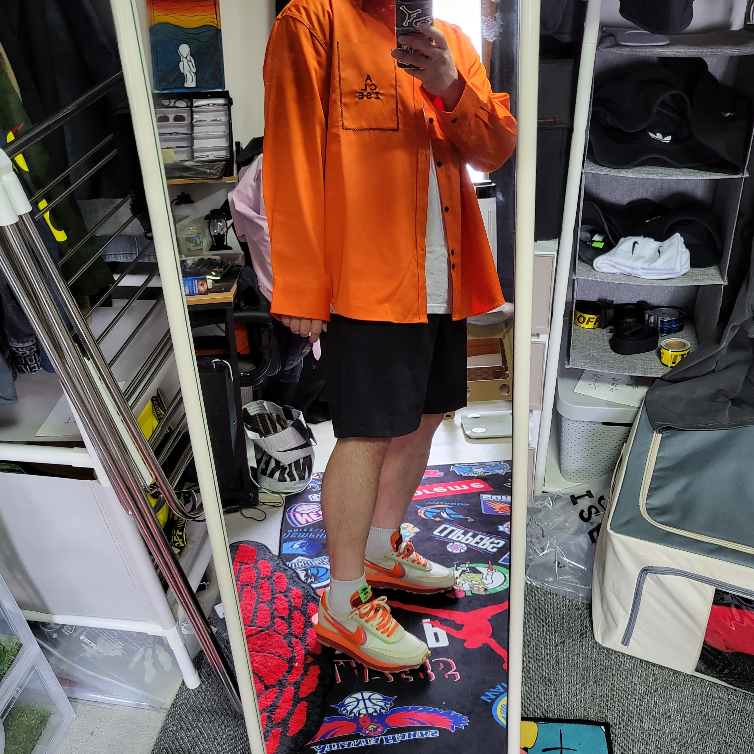 Nike x Sacai x Clot LDWaffle Orange Blaze, Nike x Sacai Blazer Low Iron Grey 착용 스타일 - 1