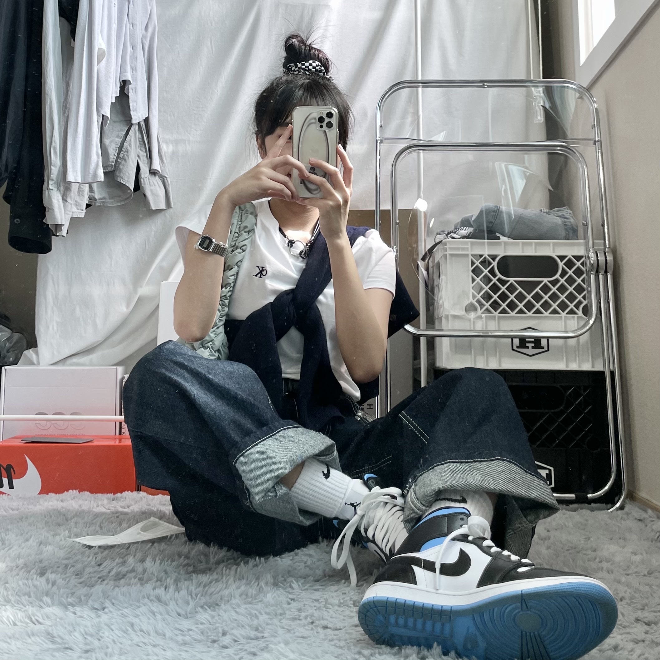 (W) Jordan 1 Mid White Black University Blue 착용 스타일