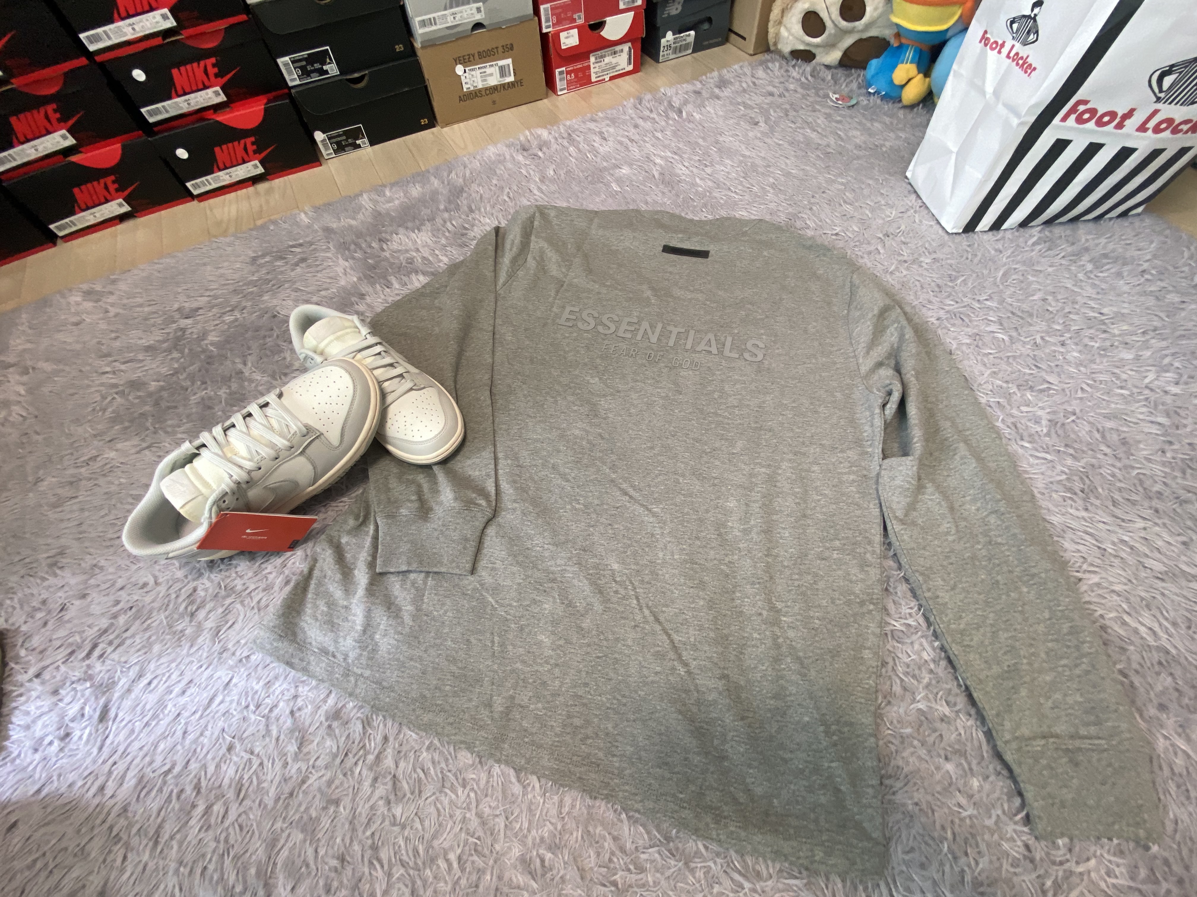 (W) Nike Dunk Low Light Bone, Essentials Long Sleeve T-Shirt Heather Oatmeal - 21SS 착용 스타일