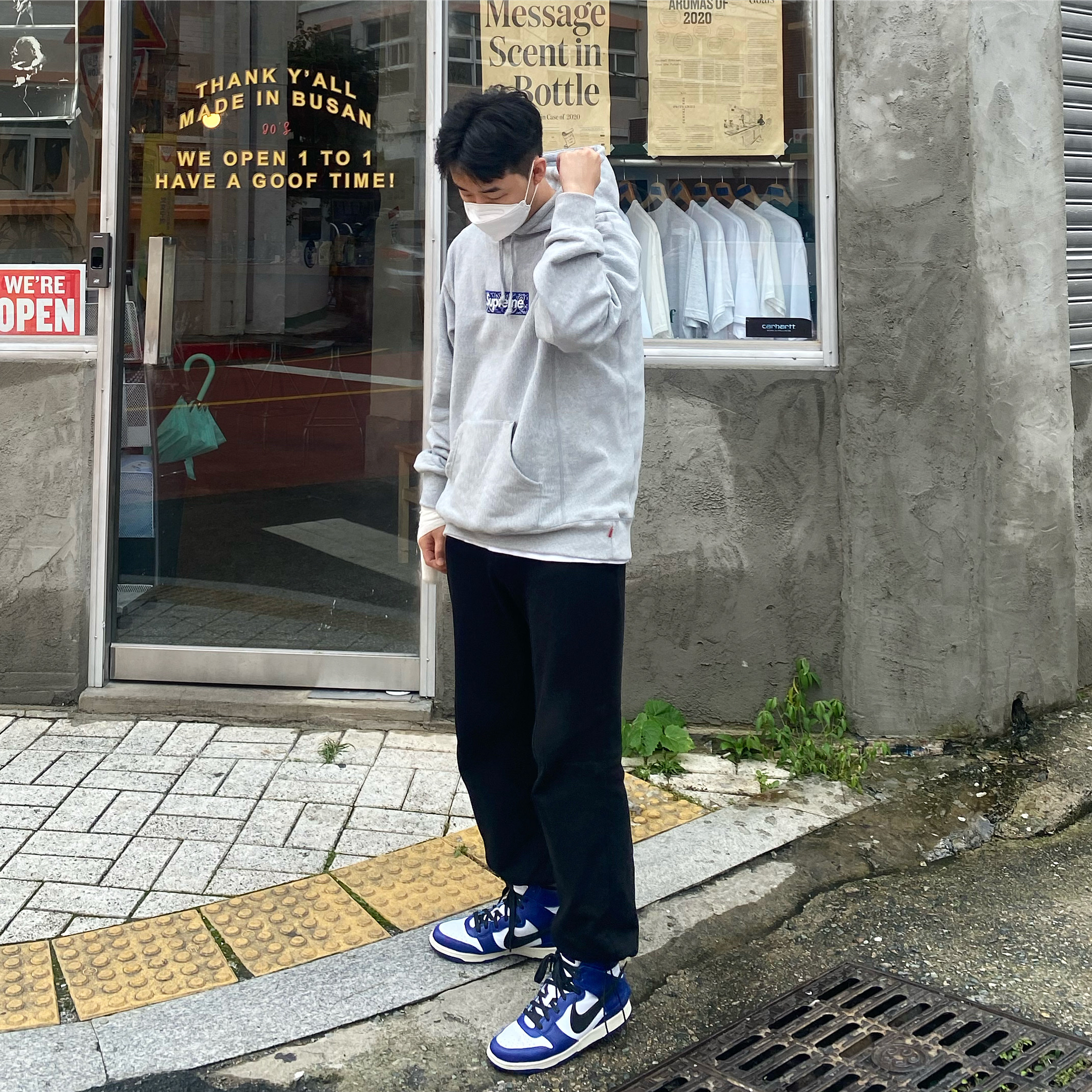 Nike x Ambush Dunk High Deep Royal Blue, Supreme Bandana Box Logo Hooded Sweatshirt Heather Grey - 19FW 착용 스타일
