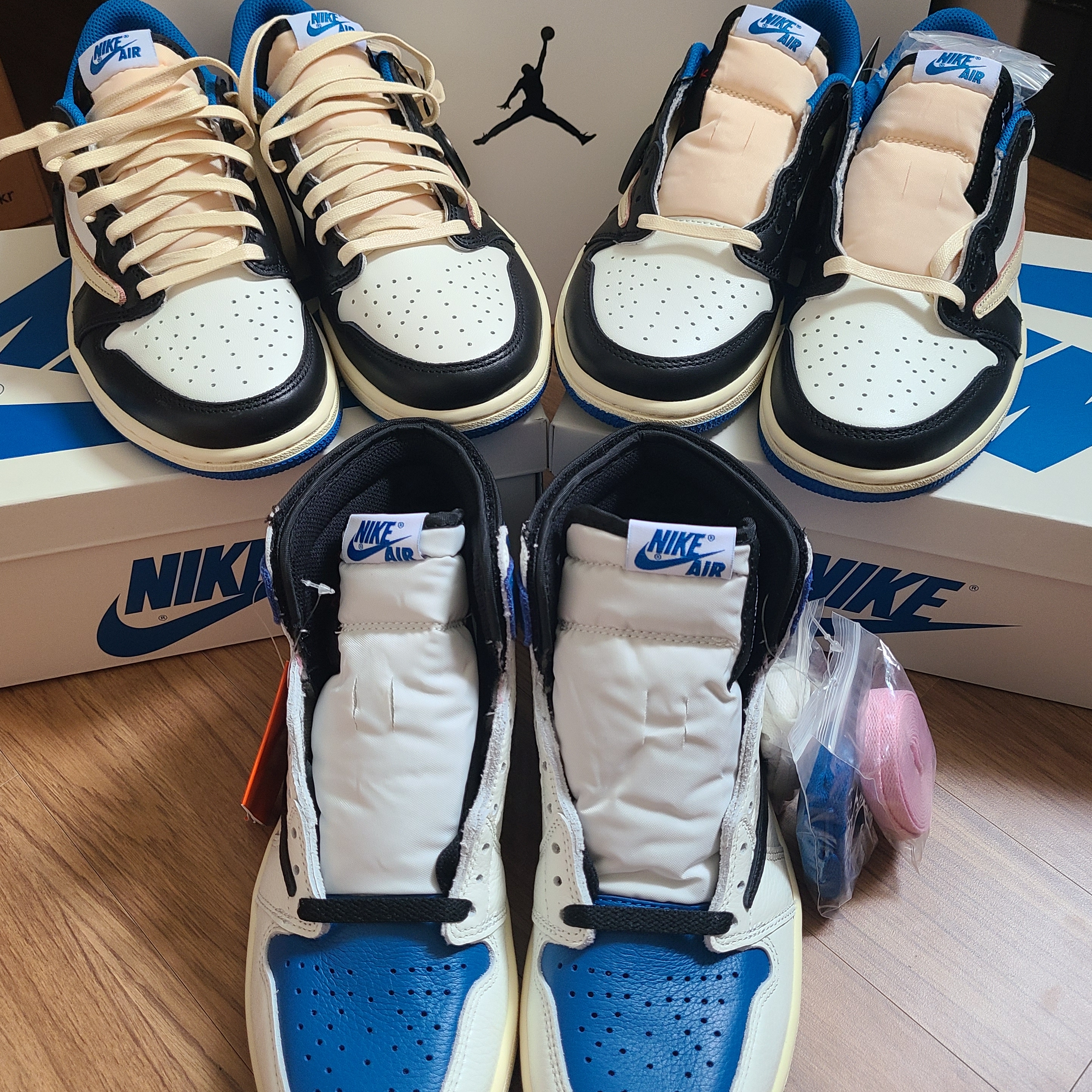 Jordan 1 x Travis Scott x Fragment Retro High OG SP Military Blue, Jordan 1 x Travis Scott x Fragment Retro Low OG SP Military Blue 착용 스타일