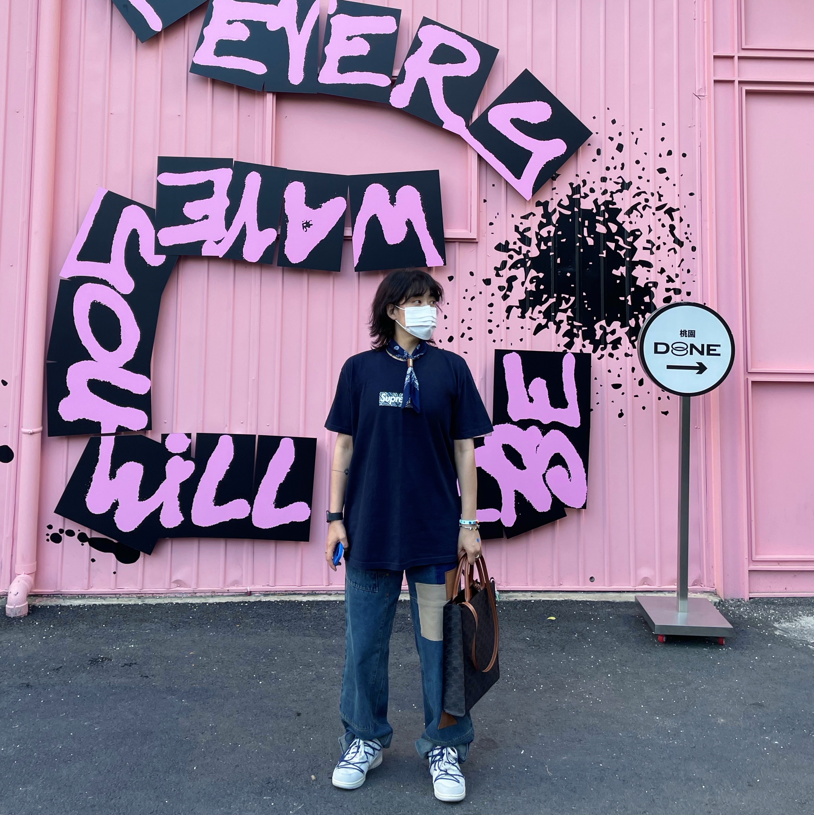 Nike x Off-White Dunk Low The 50 - Lot 18, Supreme Bandana Box Logo T-Shirt Navy - 19FW 착용 스타일