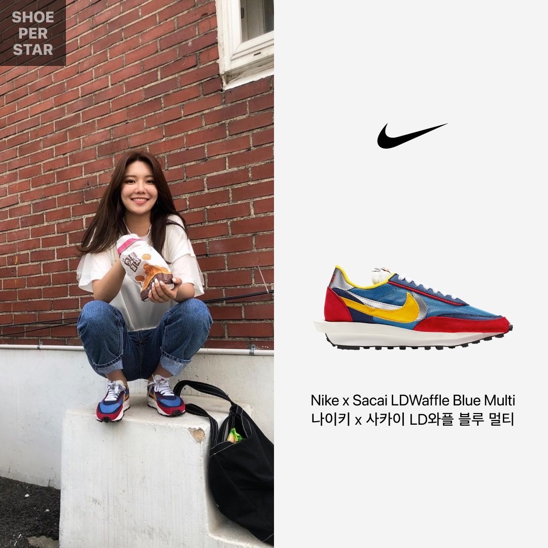 Nike x Sacai VaporWaffle Tour Yellow & Gorge Green Sail, Nike x Sacai x Fragment LDWaffle Blackened Blue 착용 스타일 - 5