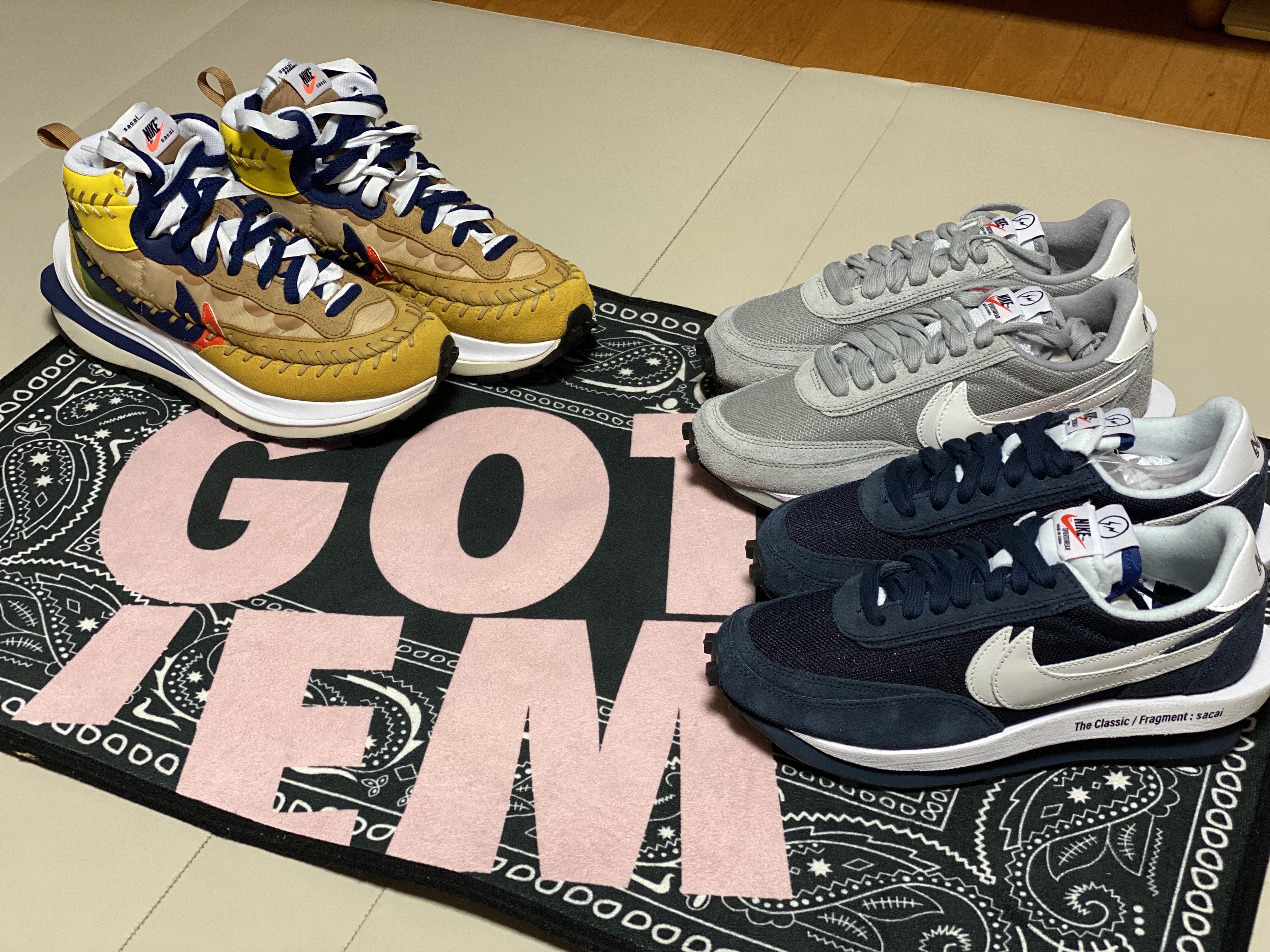 Nike x Sacai x Jean Paul Gaultier VaporWaffle Sesame Blue Void, Nike x Sacai x Fragment LDWaffle Light Smoke Grey 착용 스타일