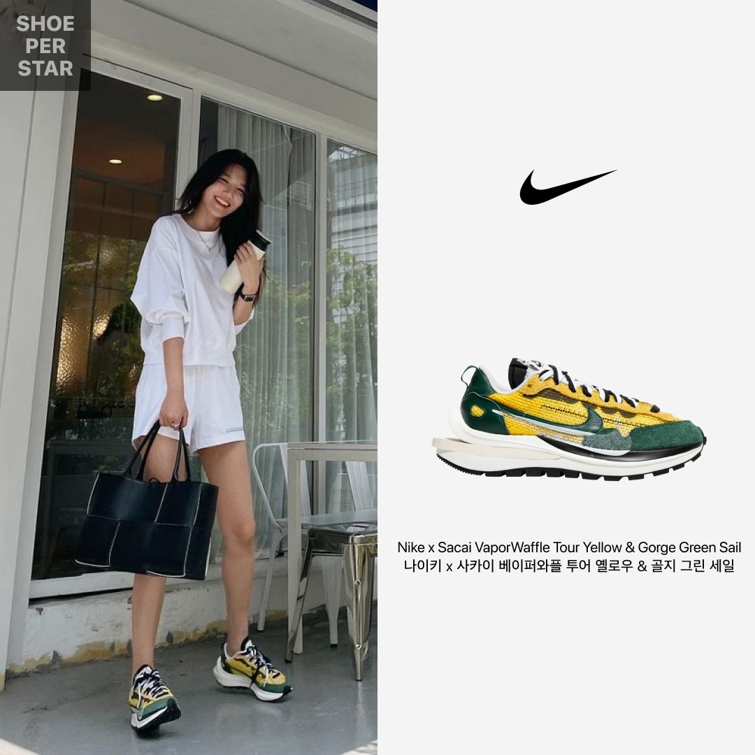 Nike x Sacai VaporWaffle Tour Yellow & Gorge Green Sail, Nike x Sacai x Fragment LDWaffle Blackened Blue 착용 스타일 - 2