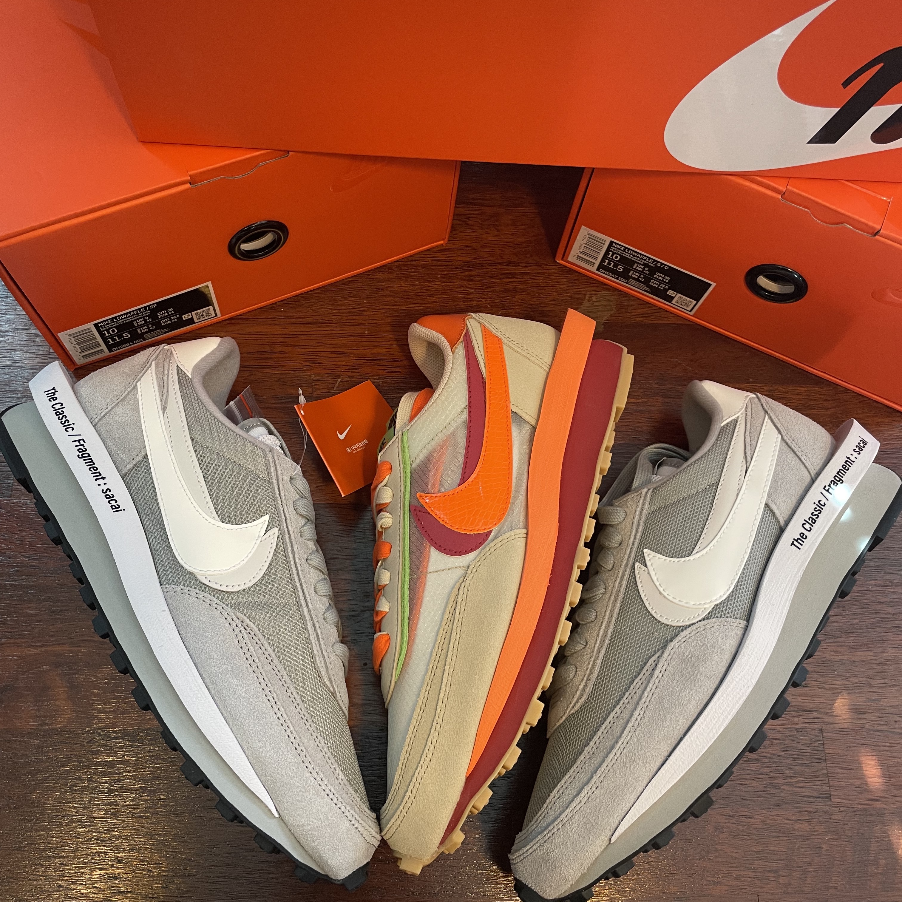 Nike x Sacai x Fragment LDWaffle Light Smoke Grey, Nike x Sacai x Clot LDWaffle Orange Blaze 착용 스타일