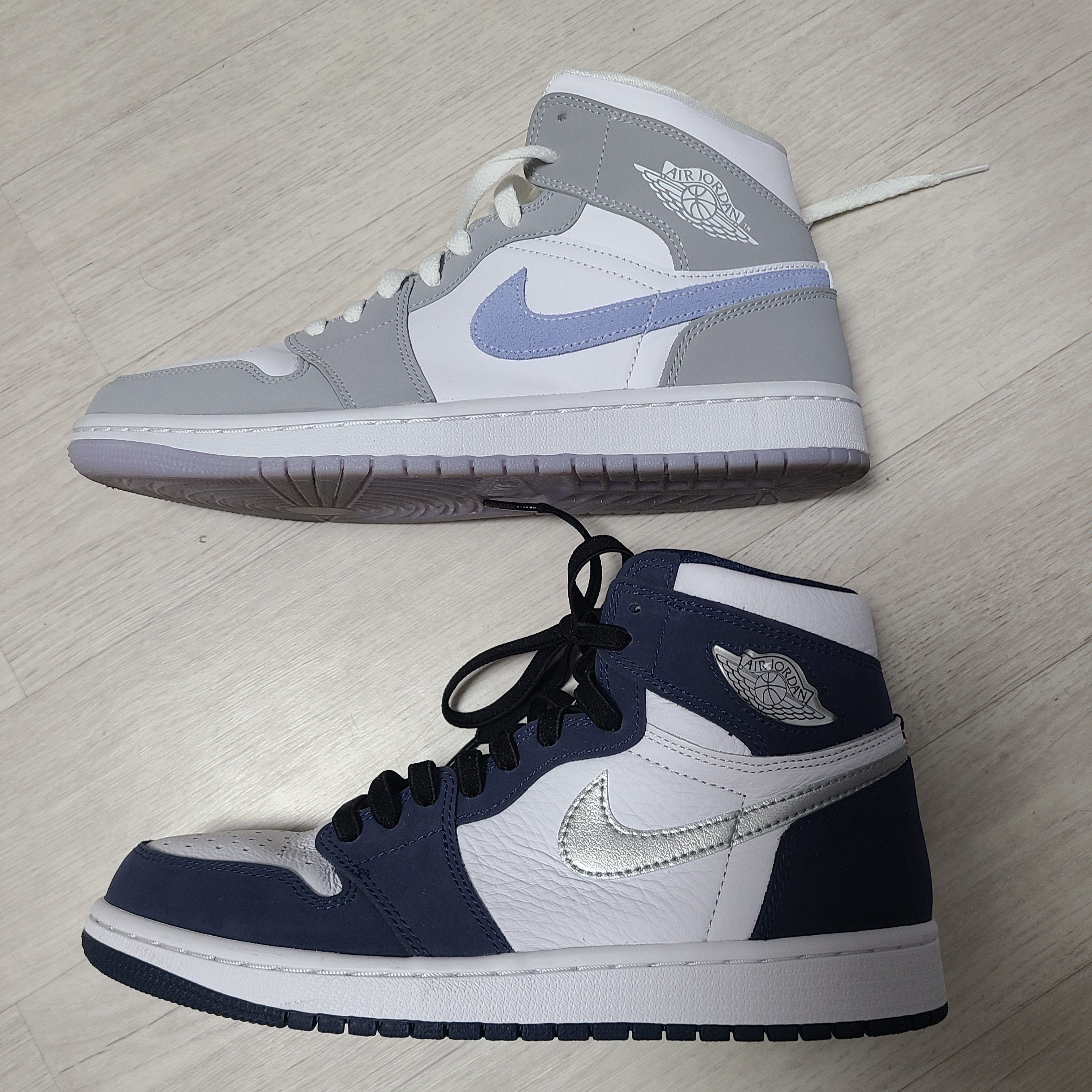 Jordan 1 Retro High OG CO.JP Midnight Navy, (W) Jordan 1 Mid Wolf Grey 착용 스타일