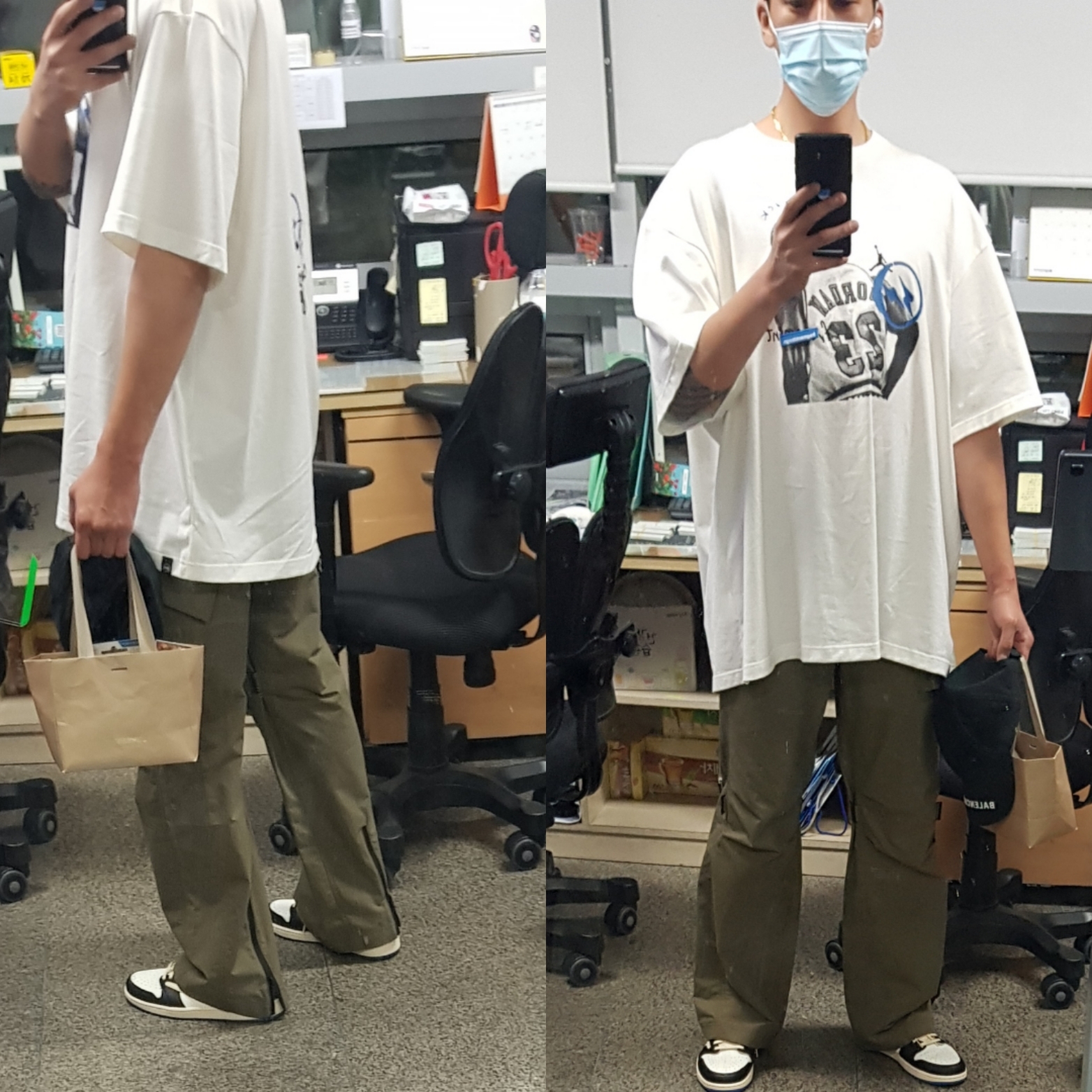 Jordan 1 x Travis Scott x Fragment Retro Low OG SP Military Blue, Jordan x Travis Scott x Fragment T-Shirt Sail (DJ0619-133) 착용 스타일