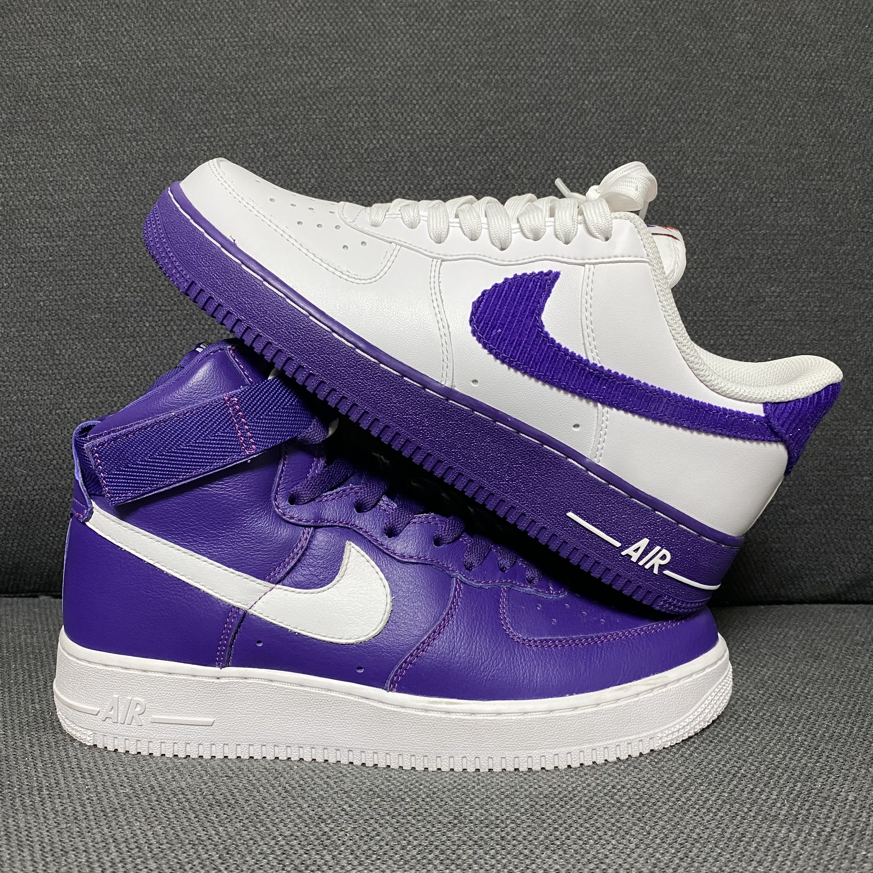 Nike Air Force 1 '07 LV8 EMB White and Court Purple, Nike Air Force 1 High Retro QS Purple White 착용 스타일 - 2