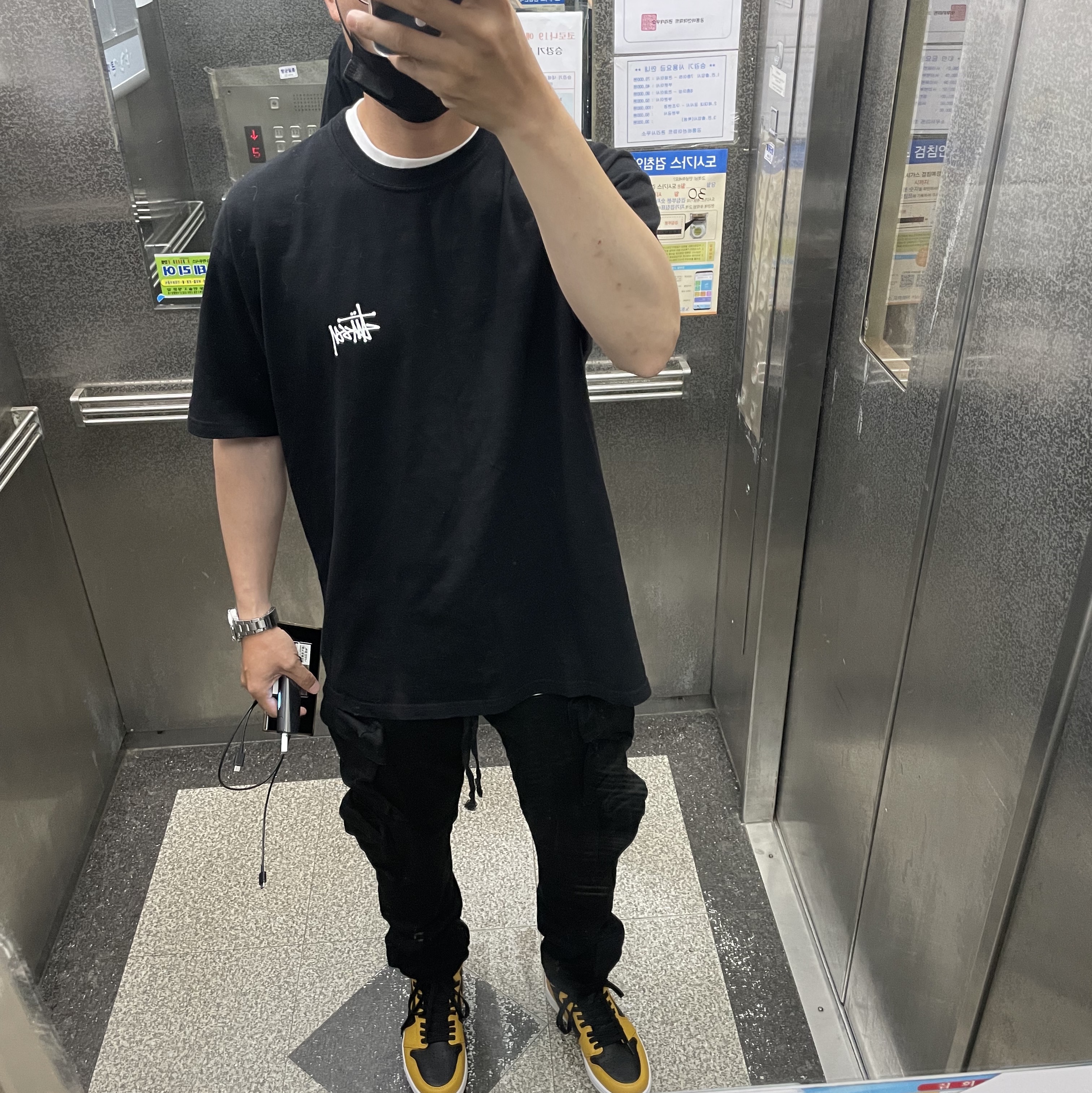 Jordan 1 Retro High OG Pollen, Stussy Basic Stussy T-Shirt Black 2021 착용 스타일