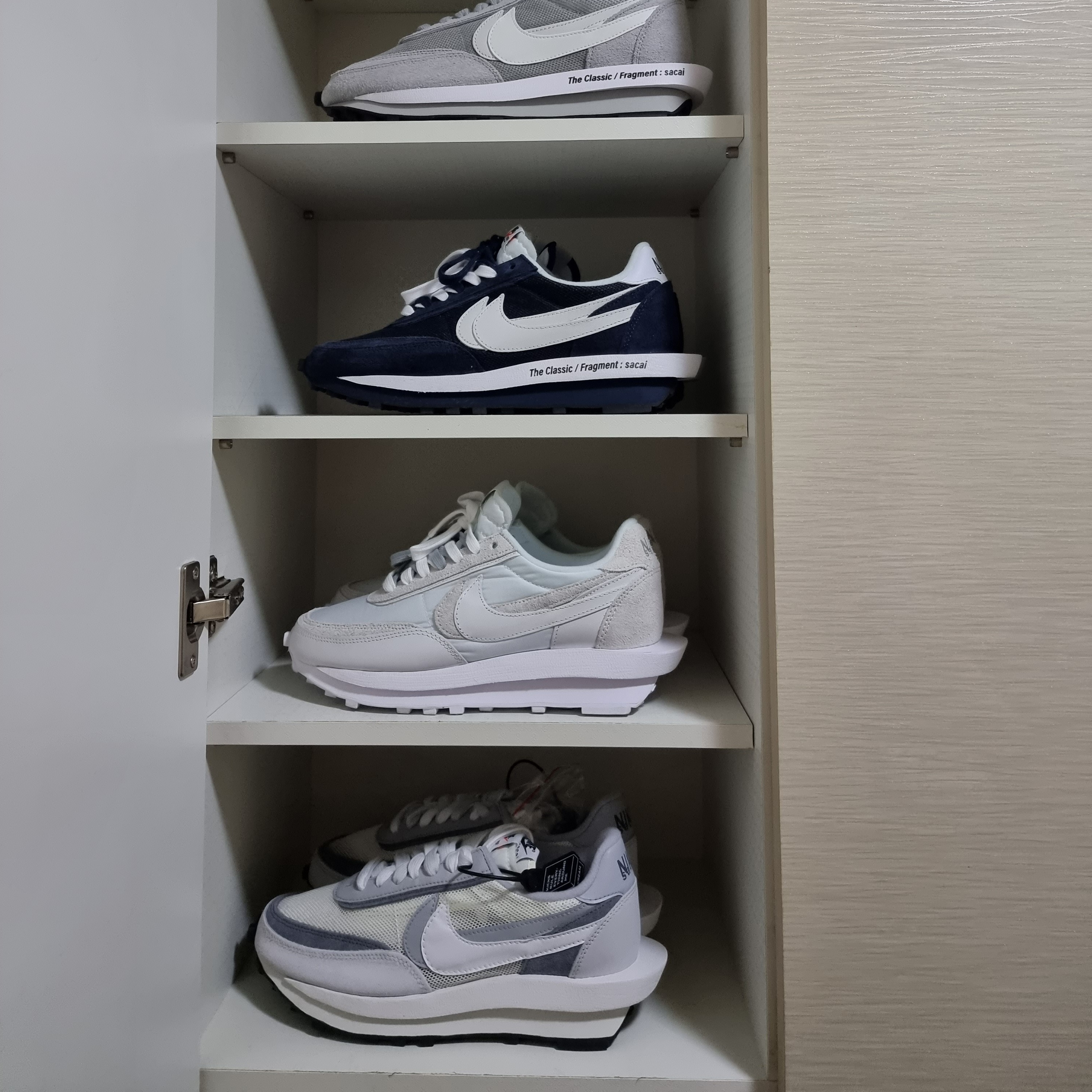 Nike x Sacai x Fragment LDWaffle Light Smoke Grey, Nike x Sacai x Fragment LDWaffle Blackened Blue 착용 스타일