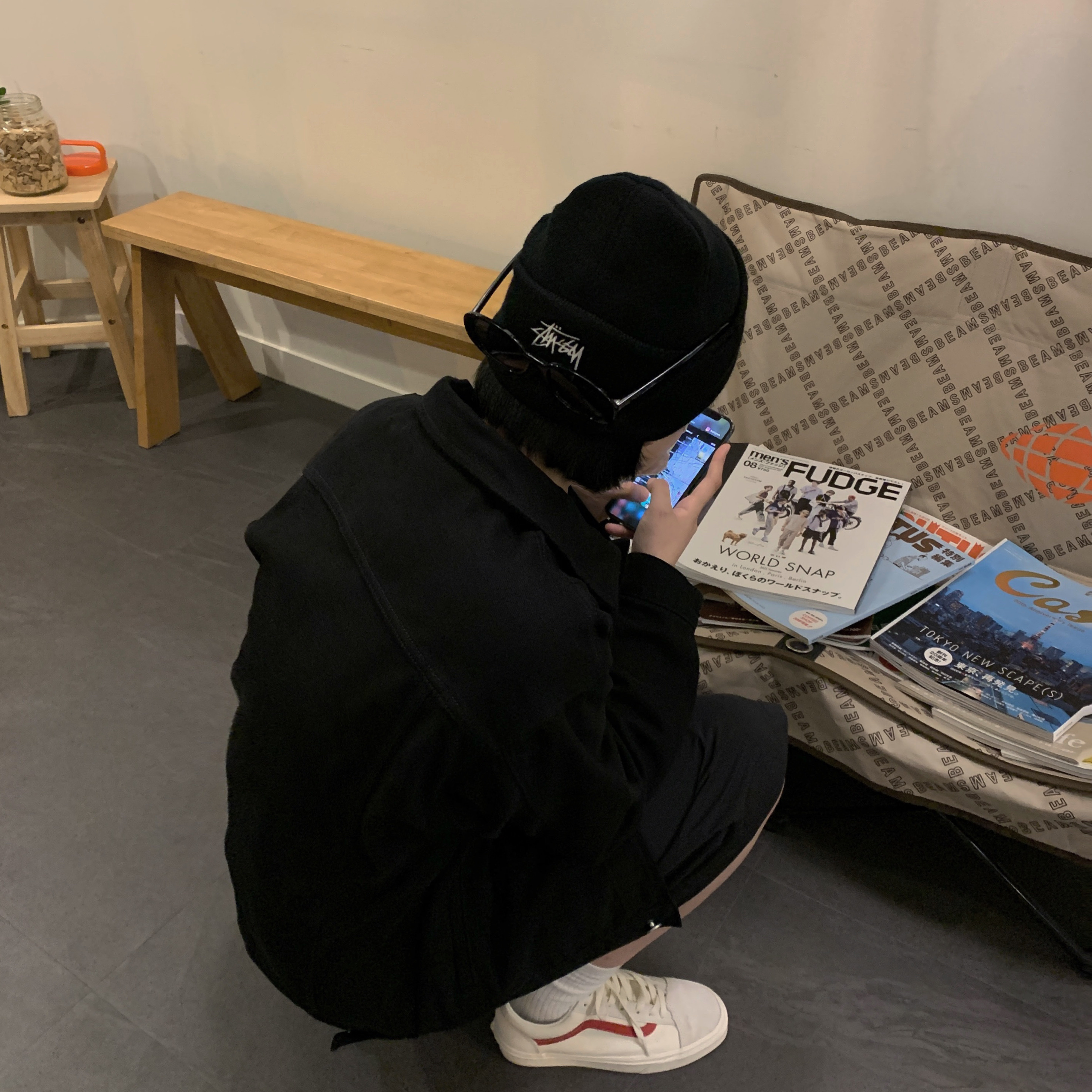 Vans Style 36 Marshmallow Racing Red, Stussy Basic Cuff Beanie Black 착용 스타일