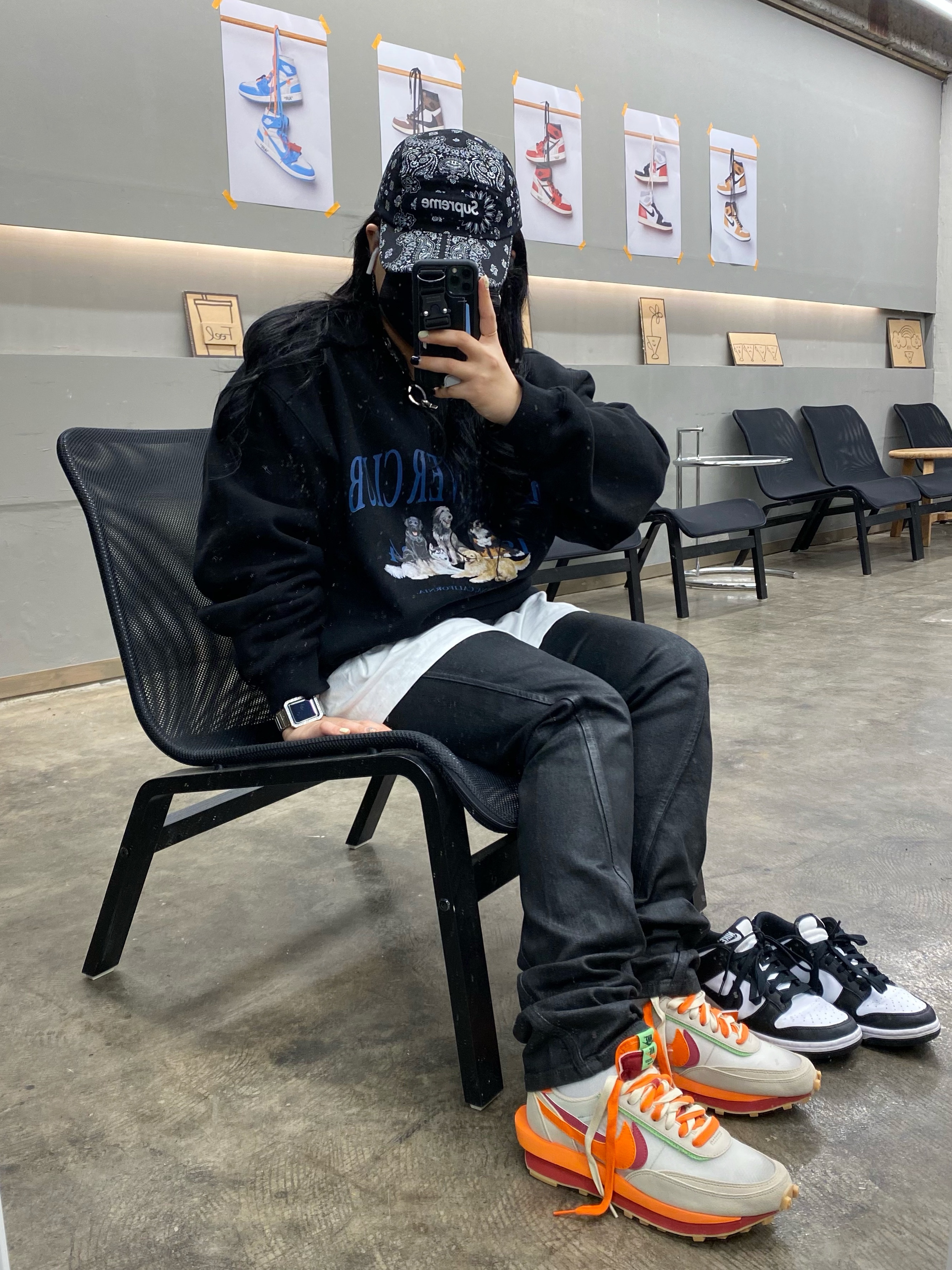 Nike x Sacai x Clot LDWaffle Orange Blaze, Supreme Bandana Camp Cap Black - 21SS 착용 스타일