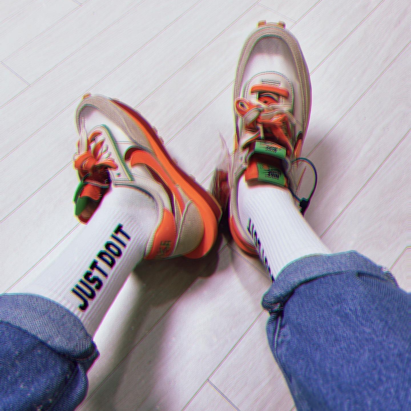 Nike x Sacai x Clot LDWaffle Orange Blaze 착용 스타일 - 2