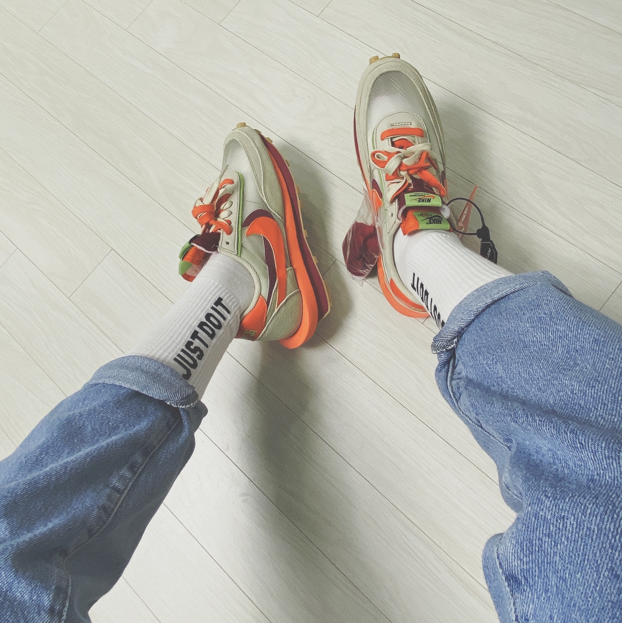 Nike x Sacai x Clot LDWaffle Orange Blaze 착용 스타일 - 1