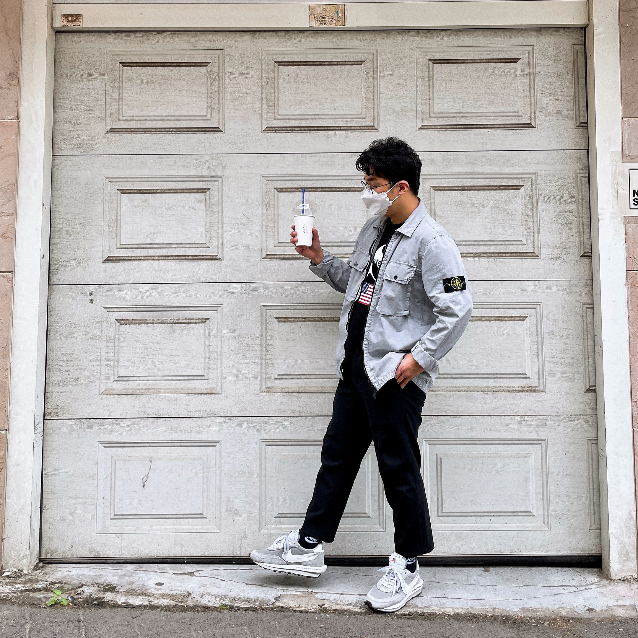 Nike x Sacai x Fragment LDWaffle Light Smoke Grey, Stone Island 113WN T.CO+OLD Overshirt Light Grey - 21FW 착용 스타일
