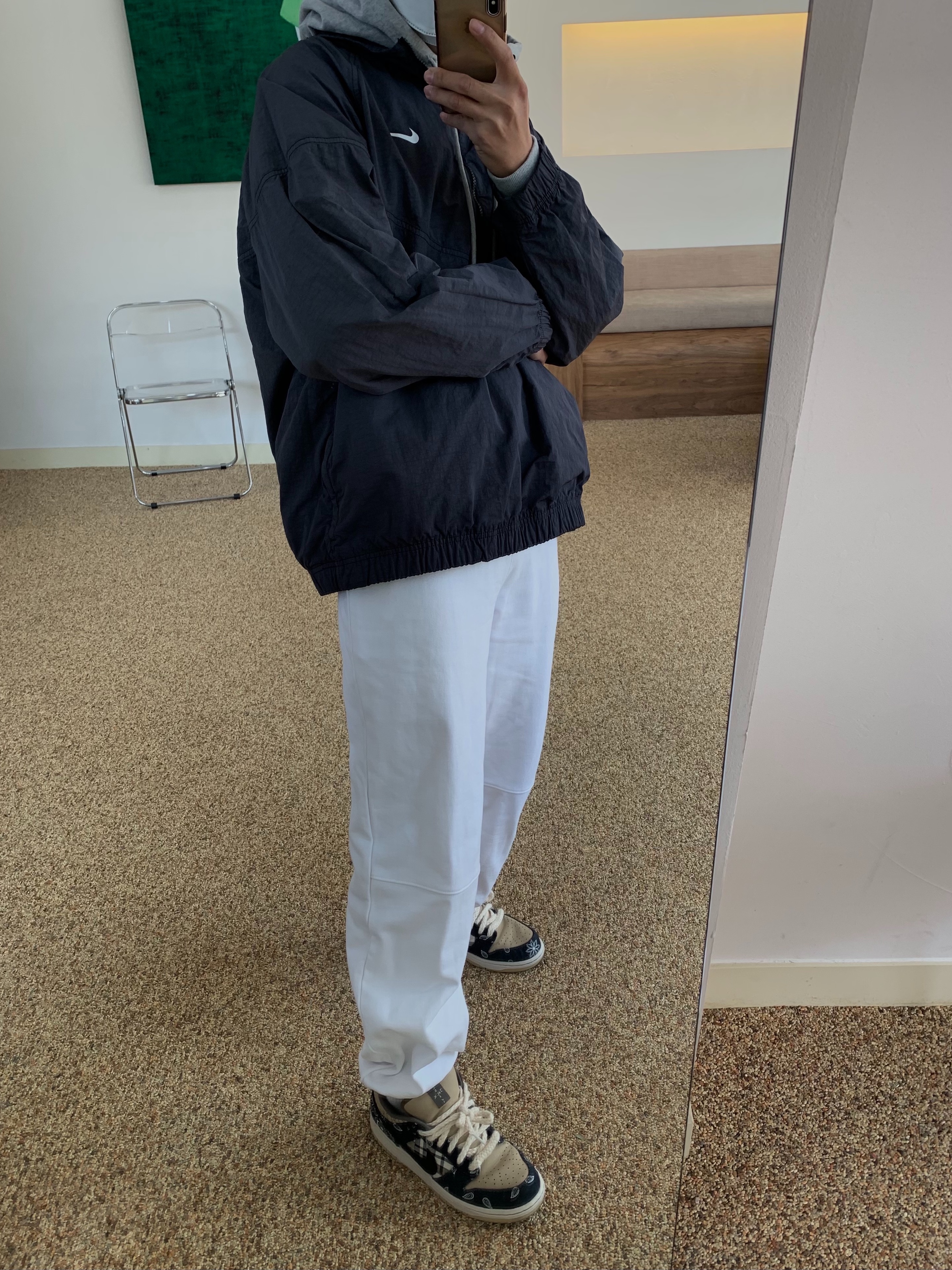 Nike x Travis Scott SB Dunk Low, Nike x Stussy Windrunner Jacket Off Noir 착용 스타일