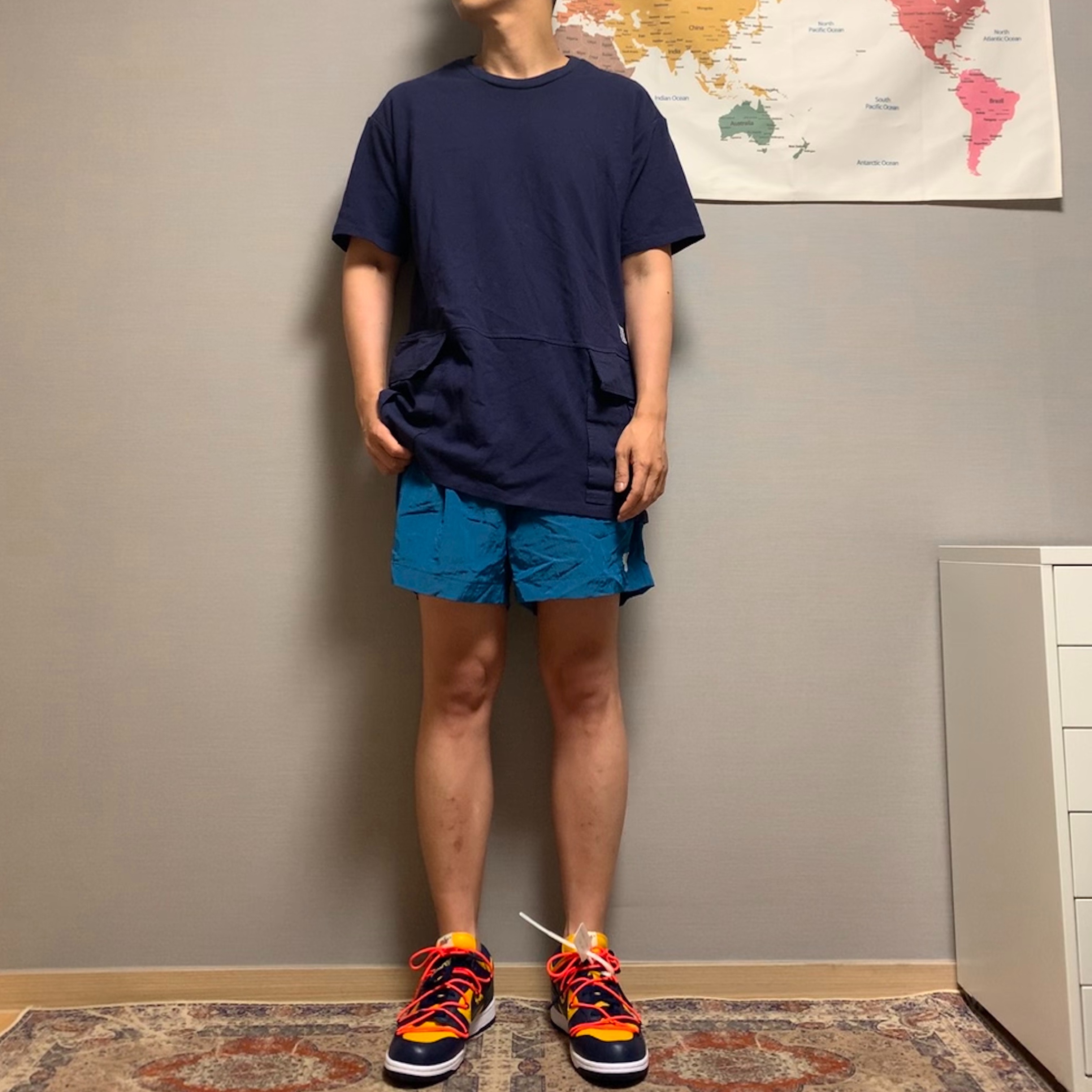 Nike x Off-White Dunk Low University Gold Midnight Navy 착용 스타일