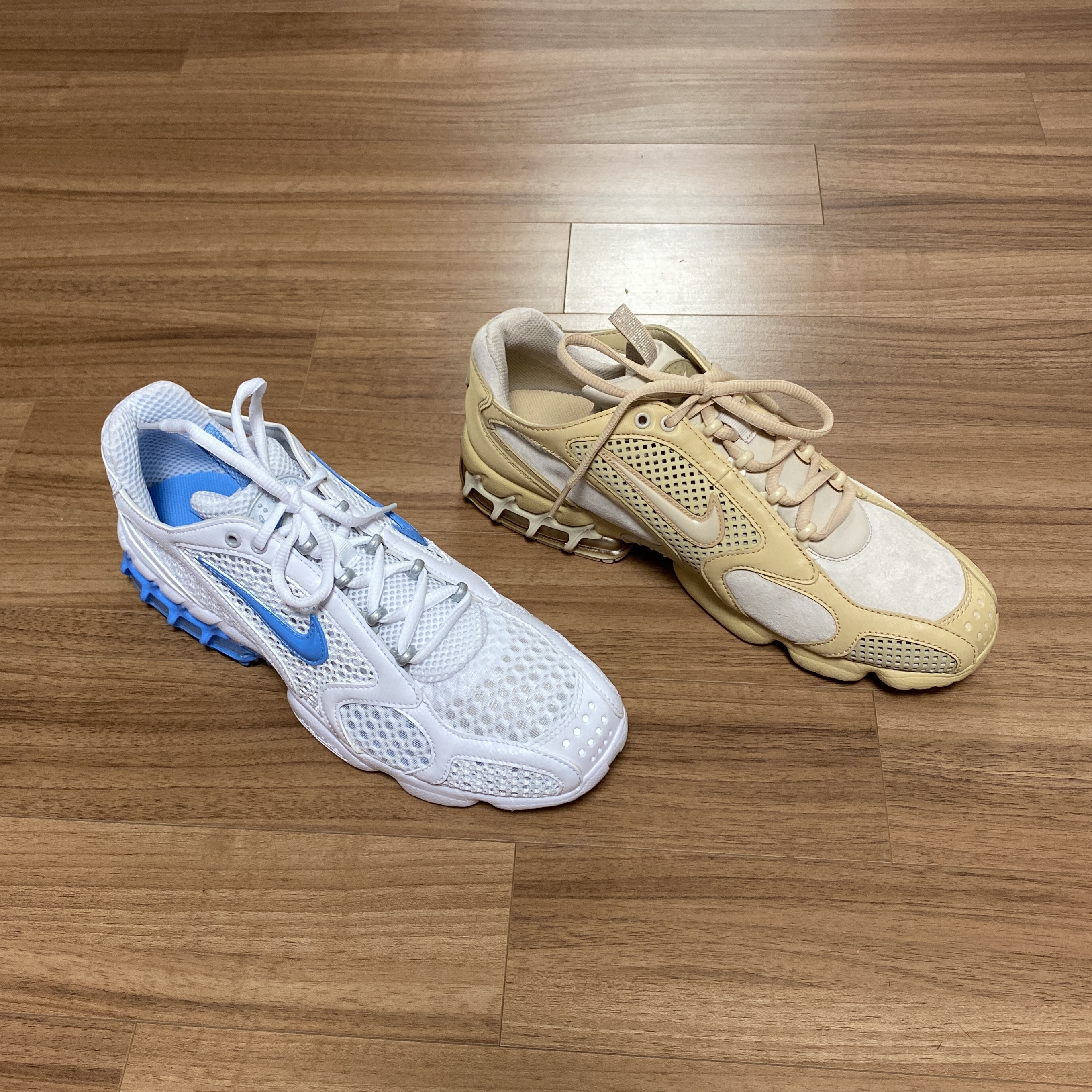 (W) Nike Air Zoom Spiridon Cage 2 White University Blue, Nike Air Zoom Spiridon Cage 2 SE Sesame 착용 스타일