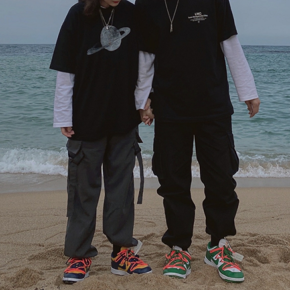 Nike x Off-White Dunk Low Pine Green, Nike x Off-White Dunk Low University Gold Midnight Navy 착용 스타일